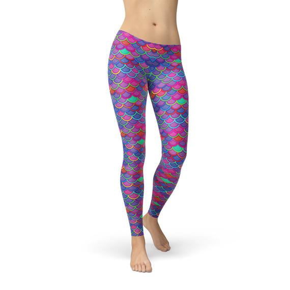 Womens Pink Purple Mermaid Leggings featuring a vibrant mermaid design, perfect for workouts and casual wear.