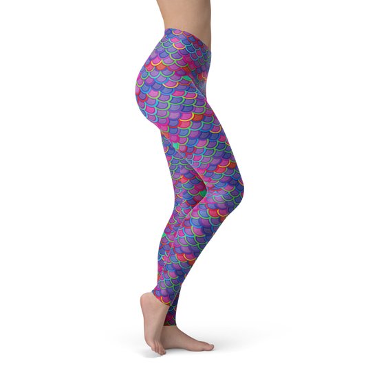 Womens Pink Purple Mermaid Leggings featuring a vibrant mermaid design, perfect for workouts and casual wear.