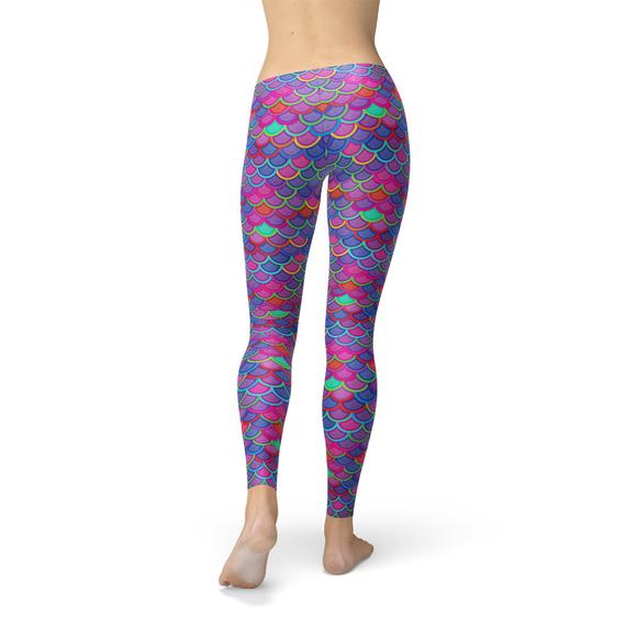 Womens Pink Purple Mermaid Leggings featuring a vibrant mermaid design, perfect for workouts and casual wear.