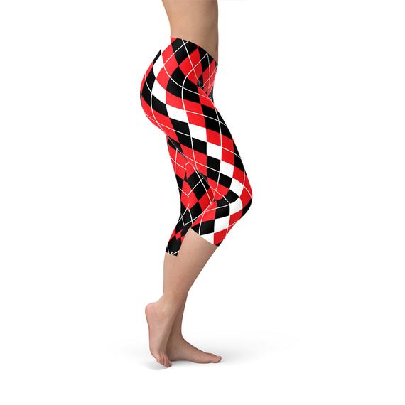 Womens Red Argyle Capri Leggings featuring Harley Quinn design, showcasing vibrant colors and a stylish fit, perfect for workouts and casual wear.