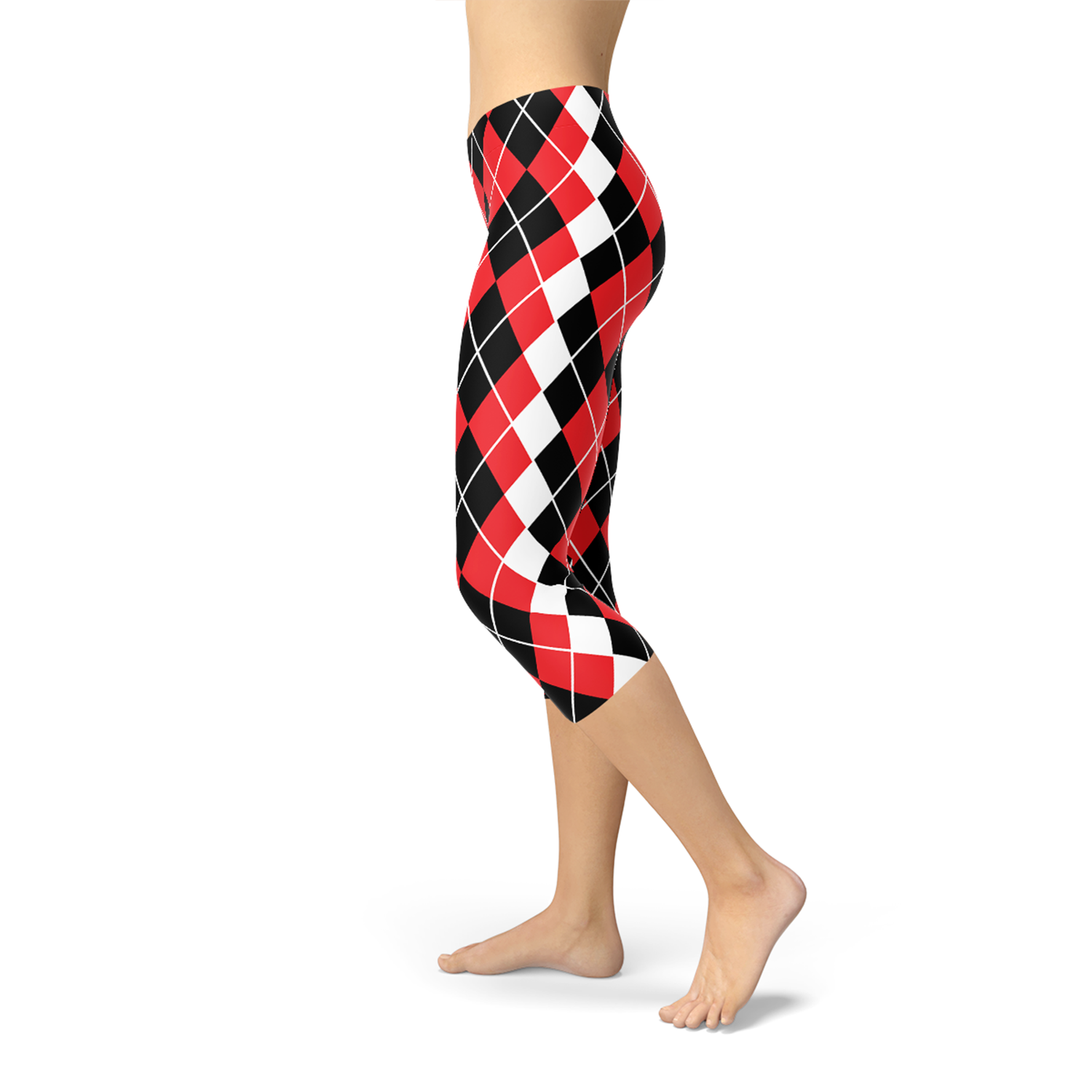 Womens Red Argyle Capri Leggings featuring Harley Quinn design, showcasing vibrant colors and a stylish fit, perfect for workouts and casual wear.