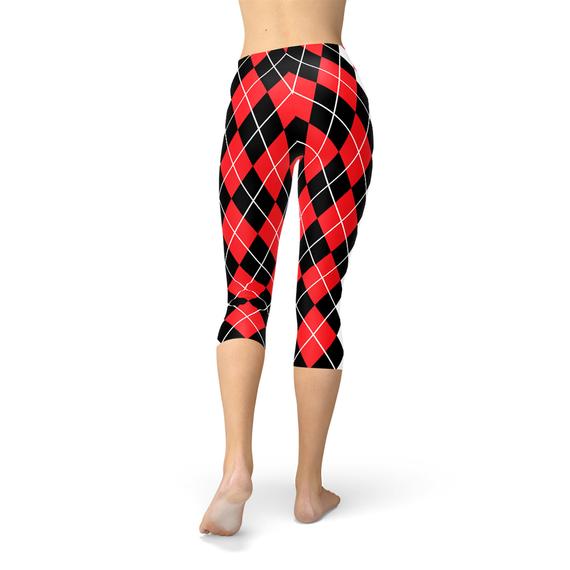 Womens Red Argyle Capri Leggings featuring Harley Quinn design, showcasing vibrant colors and a stylish fit, perfect for workouts and casual wear.