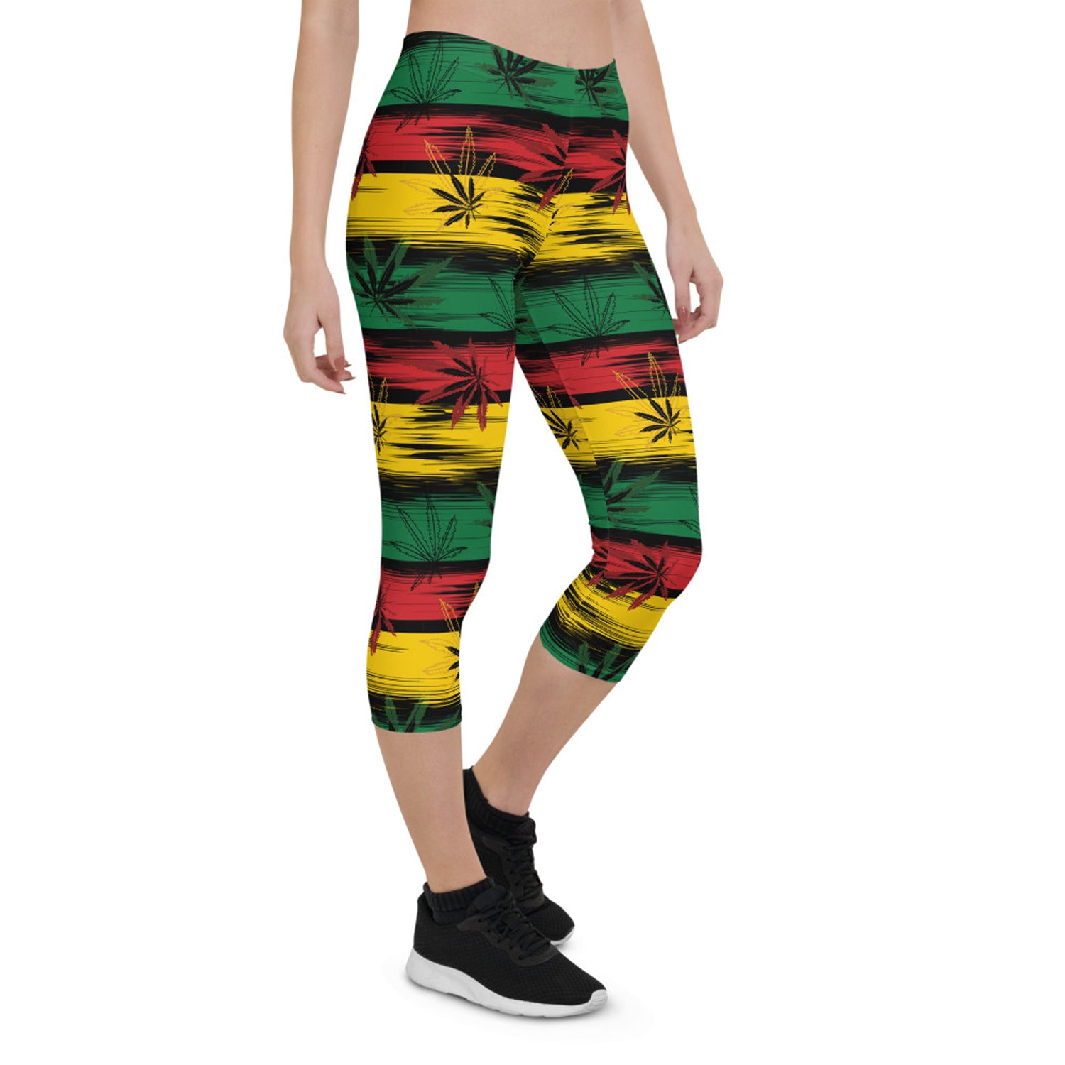 Womens Reggae and Cannabis Capri Leggings featuring vibrant colors and unique graphic designs, perfect for workouts and casual wear.