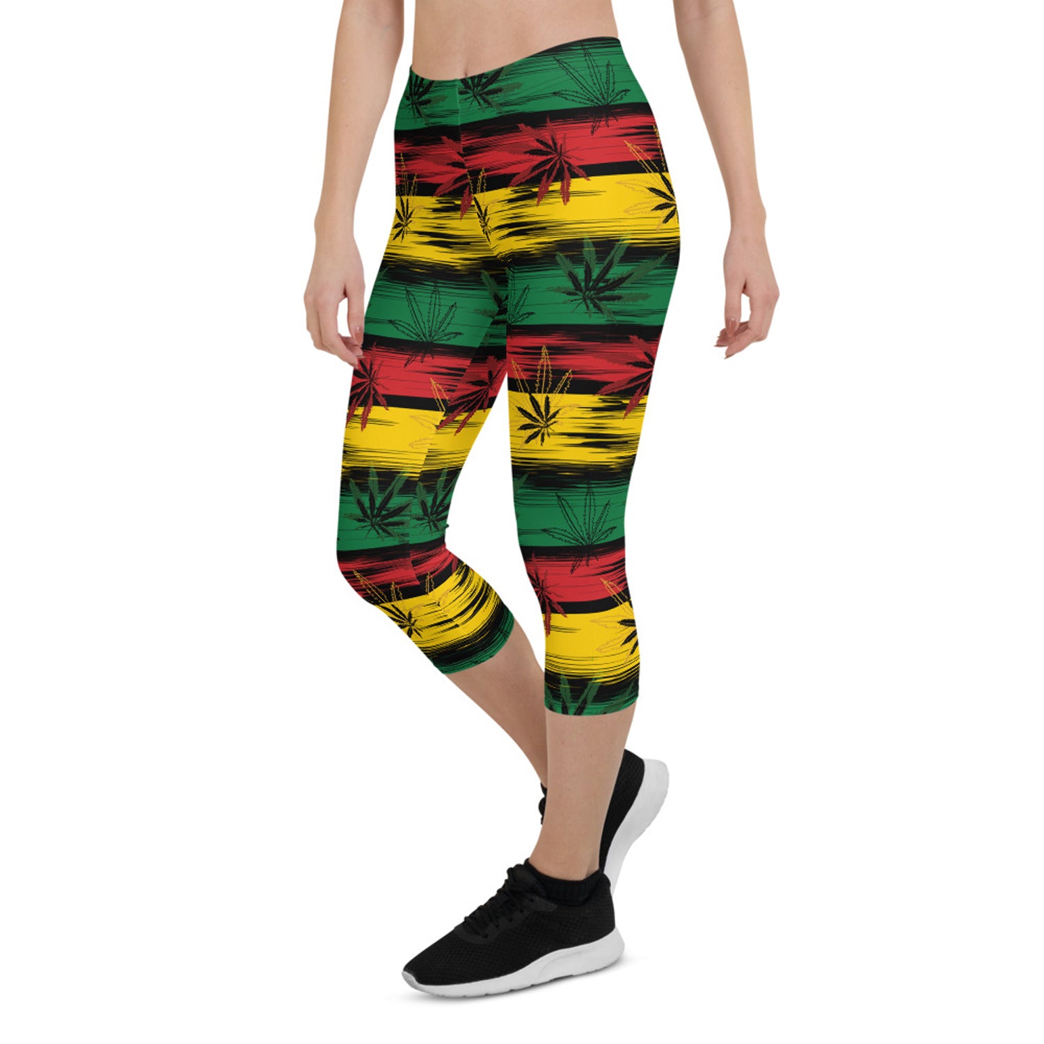 Womens Reggae and Cannabis Capri Leggings featuring vibrant colors and unique graphic designs, perfect for workouts and casual wear.