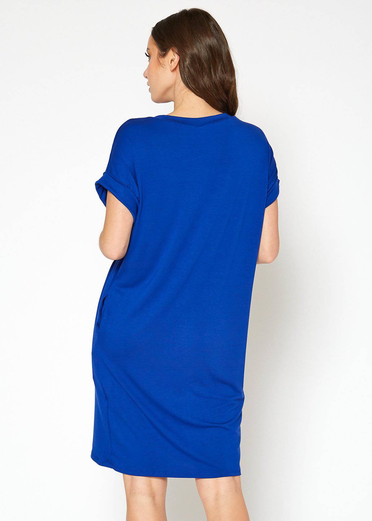 A stylish Women's Round Neck T-shirt Dress in a soft fabric, featuring a round neckline and convenient side pockets, perfect for casual wear.