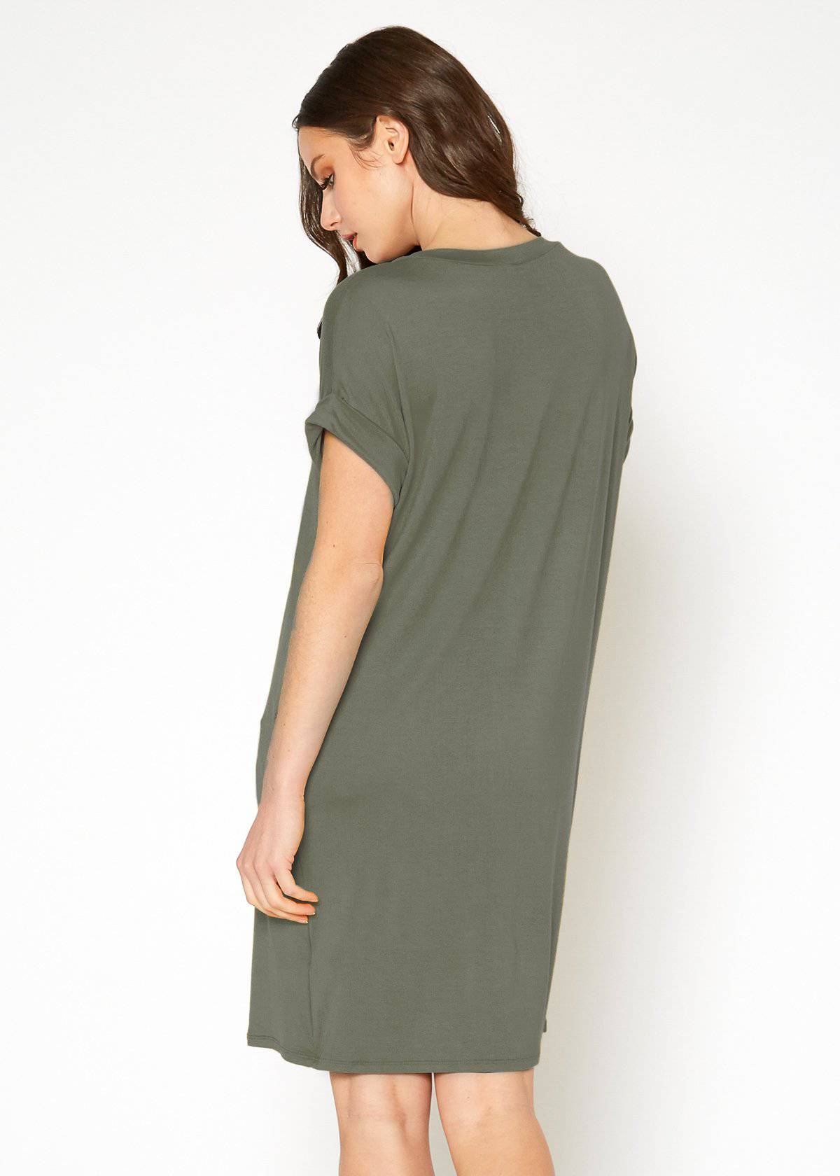 A stylish Women's Round Neck T-shirt Dress in a soft fabric, featuring a round neckline and convenient side pockets, perfect for casual wear.