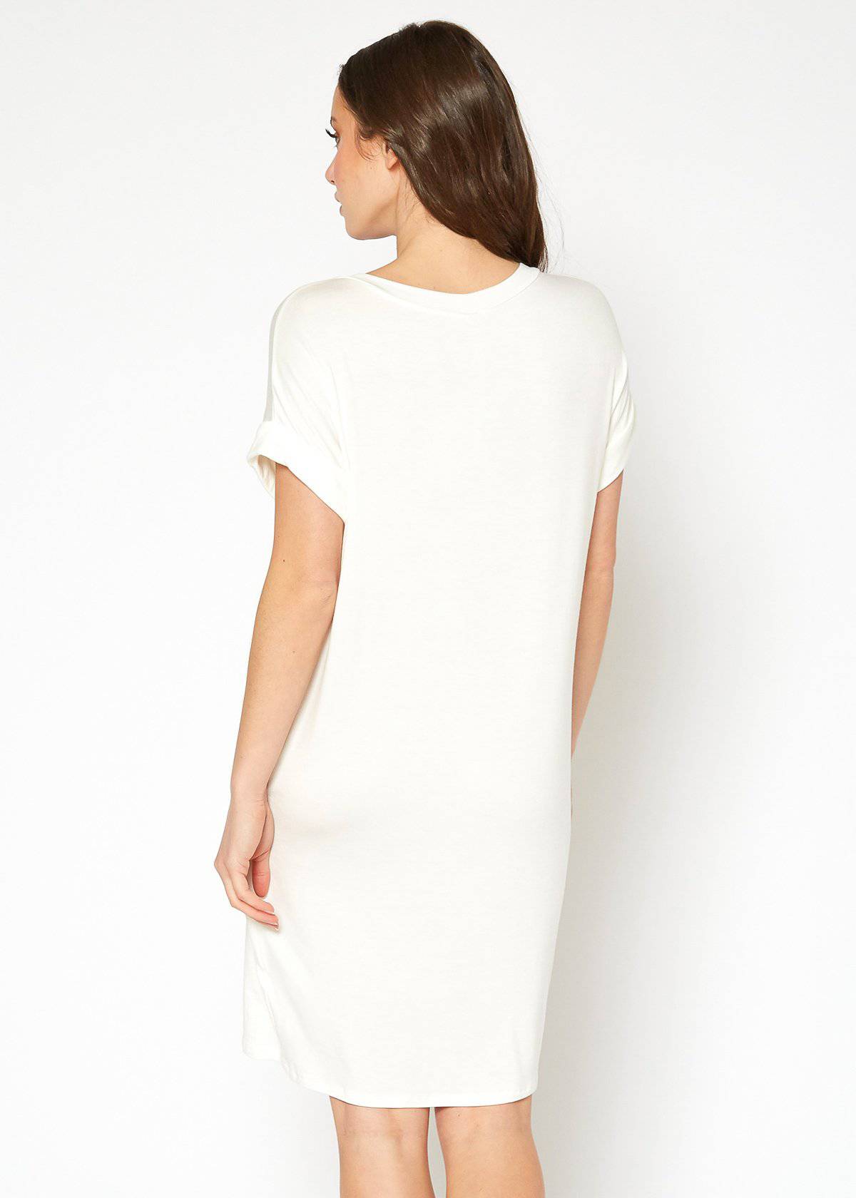 A stylish Women's Round Neck T-shirt Dress in a soft fabric, featuring a round neckline and convenient side pockets, perfect for casual wear.