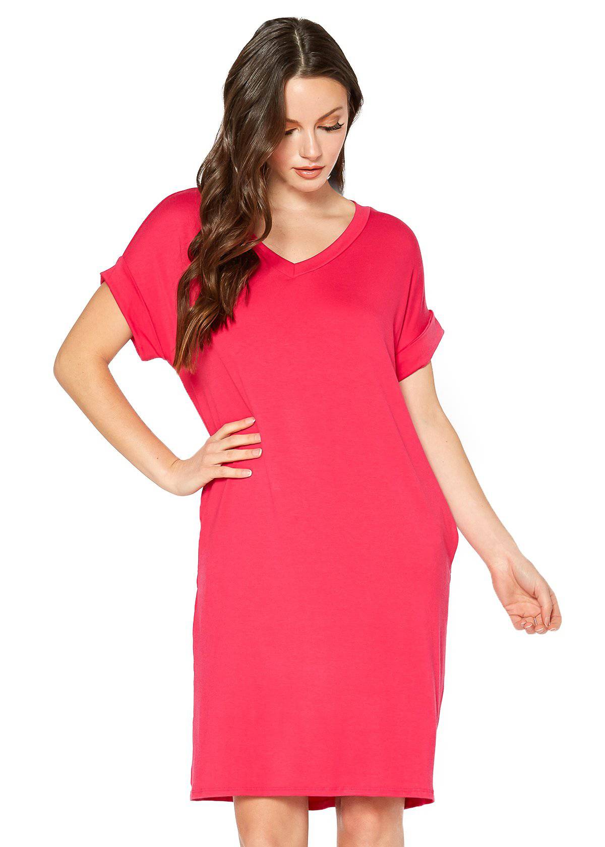 A stylish Women's Round Neck T-shirt Dress in a soft fabric, featuring a round neckline and convenient side pockets, perfect for casual wear.