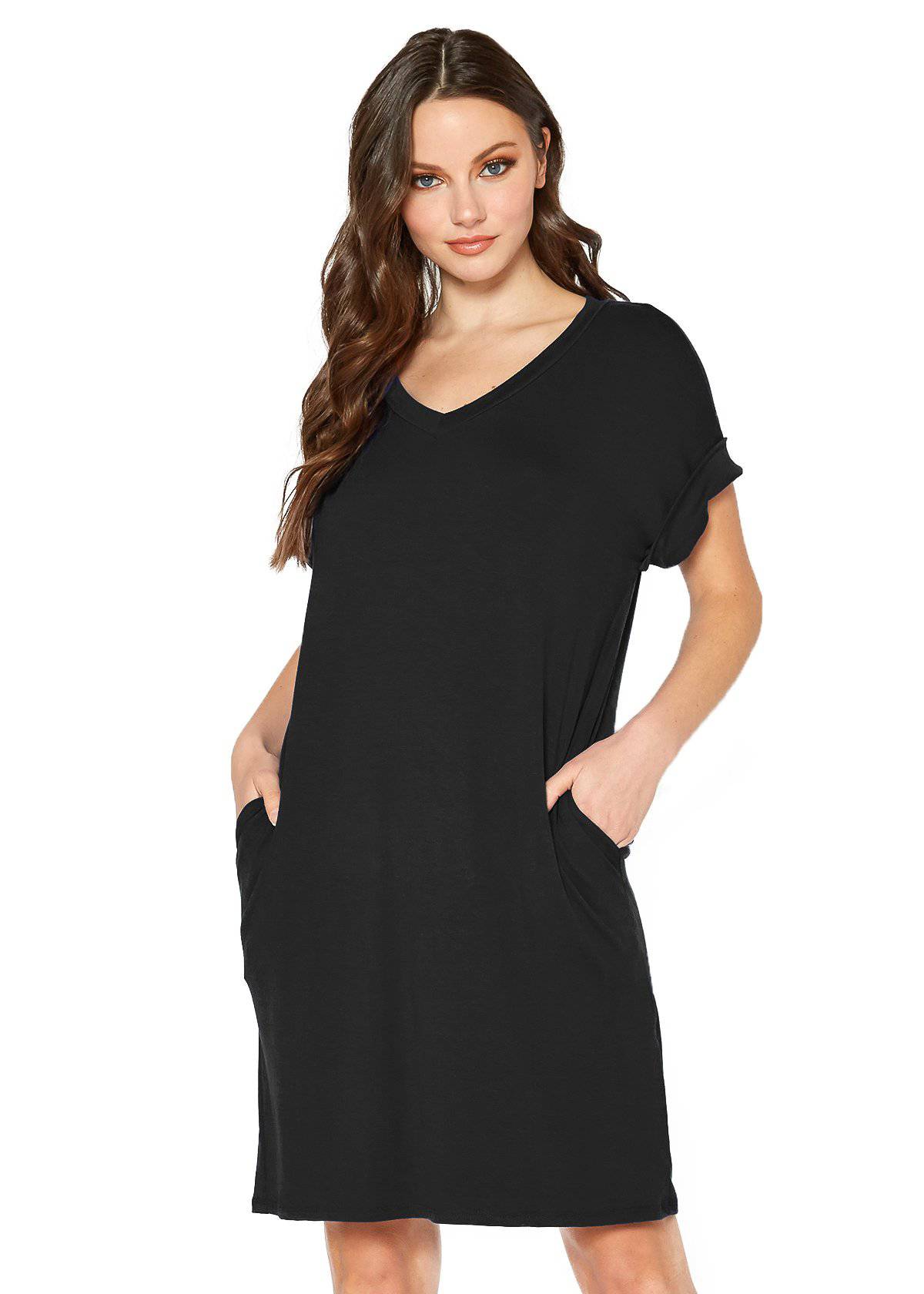 A stylish Women's Round Neck T-shirt Dress in a soft fabric, featuring a round neckline and convenient side pockets, perfect for casual wear.