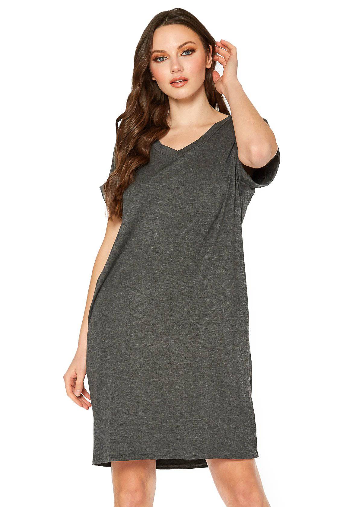 A stylish Women's Round Neck T-shirt Dress in a soft fabric, featuring a round neckline and convenient side pockets, perfect for casual wear.