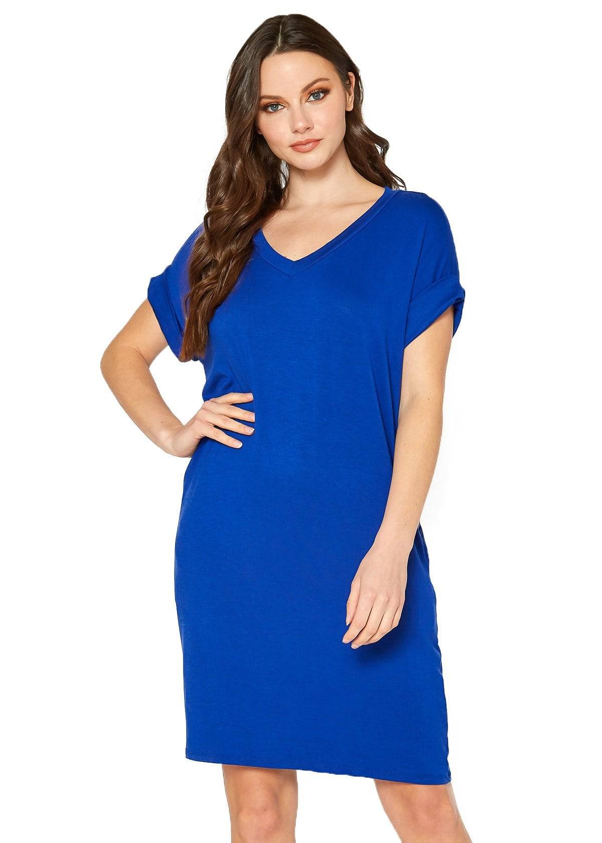 A stylish Women's Round Neck T-shirt Dress in a soft fabric, featuring a round neckline and convenient side pockets, perfect for casual wear.