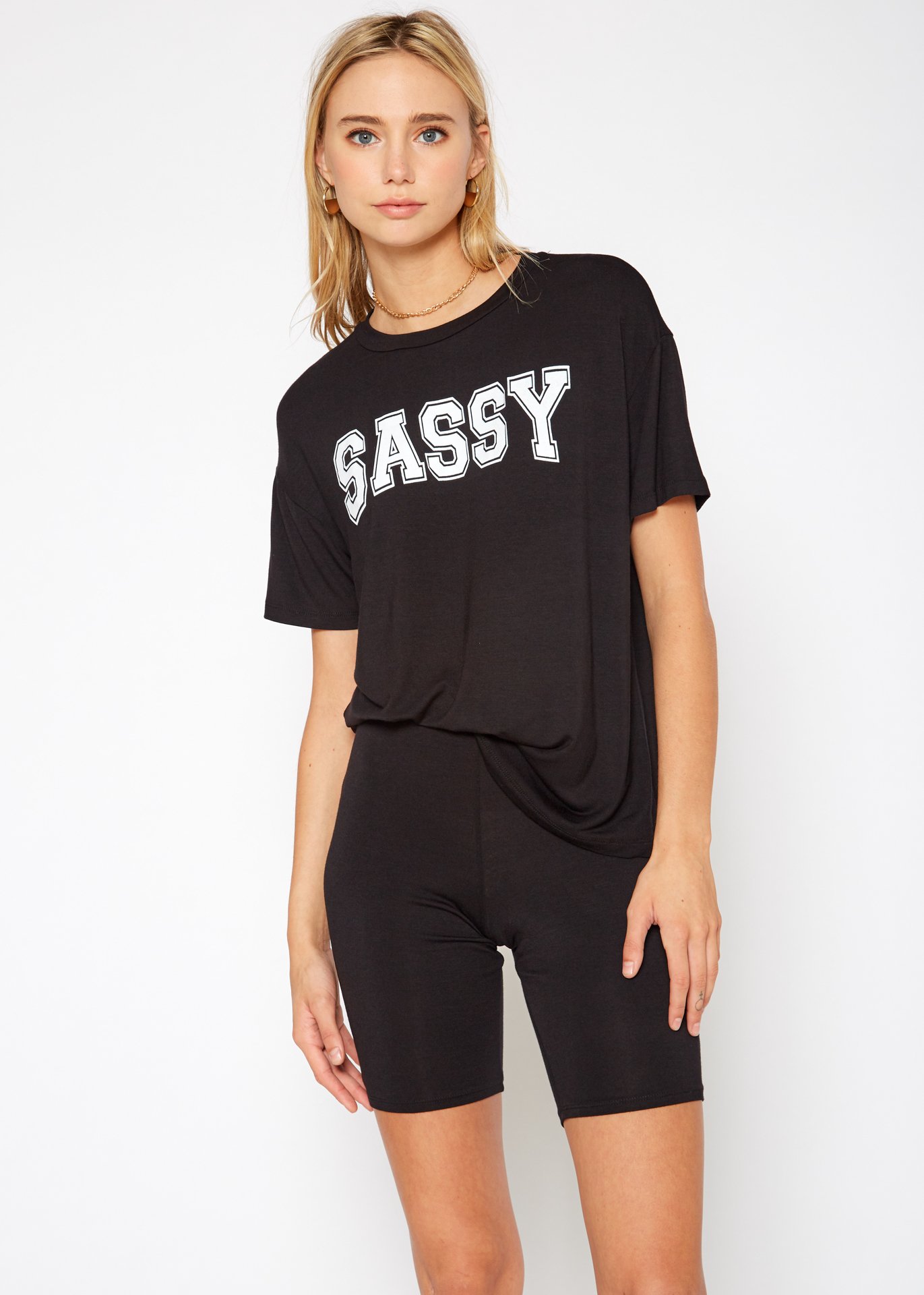 Women's Sassy Basic T-Shirt featuring a round neck, short sleeves, and a boxy fit, made from a soft rayon and spandex blend.