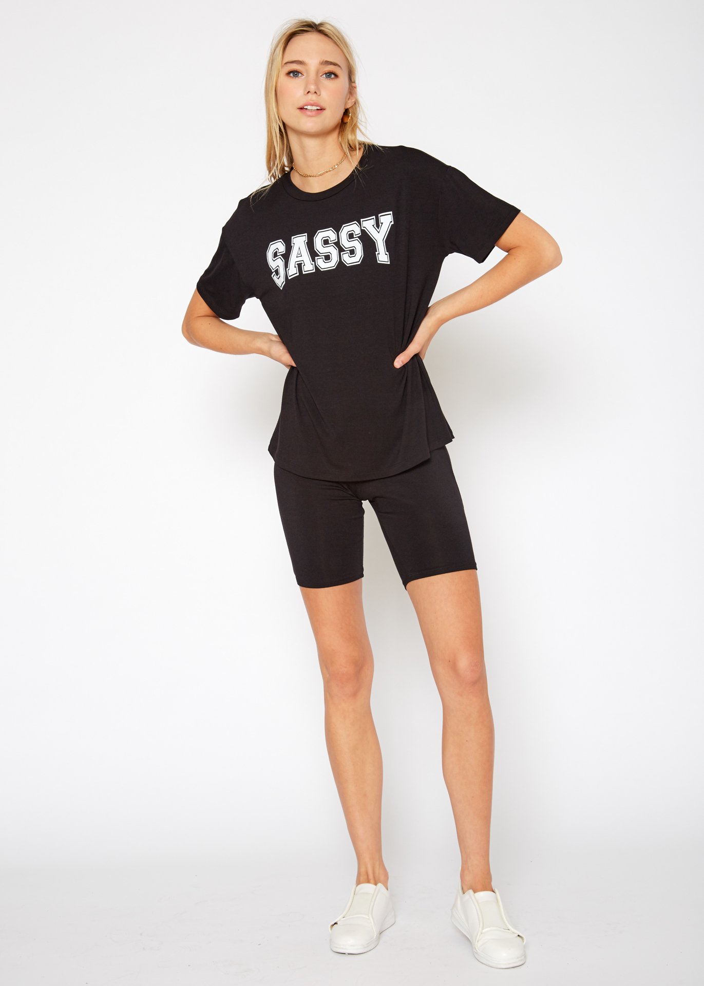 Women's Sassy Basic T-Shirt featuring a round neck, short sleeves, and a boxy fit, made from a soft rayon and spandex blend.