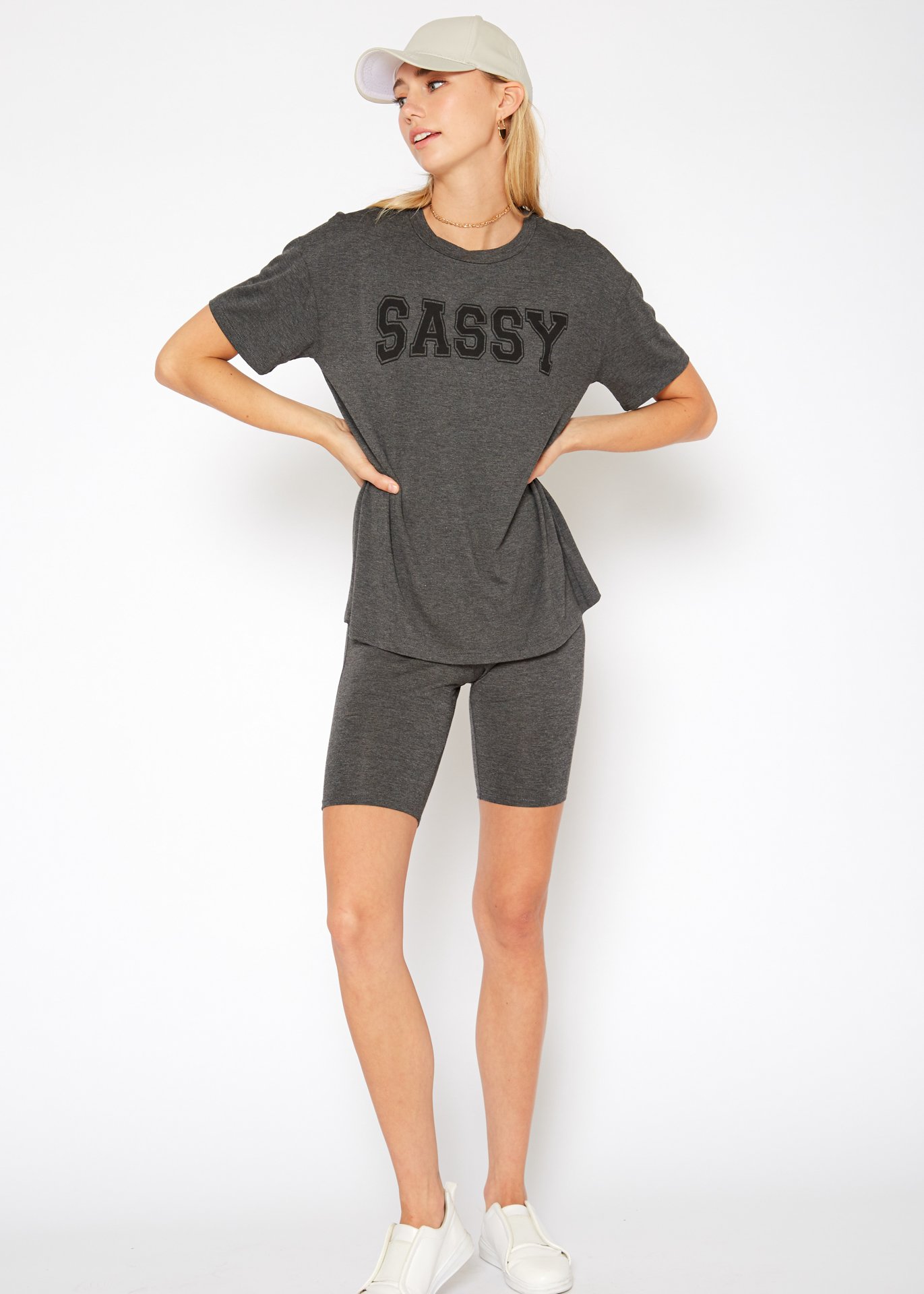 Women's Sassy Basic T-Shirt featuring a round neck, short sleeves, and a boxy fit, made from a soft rayon and spandex blend.