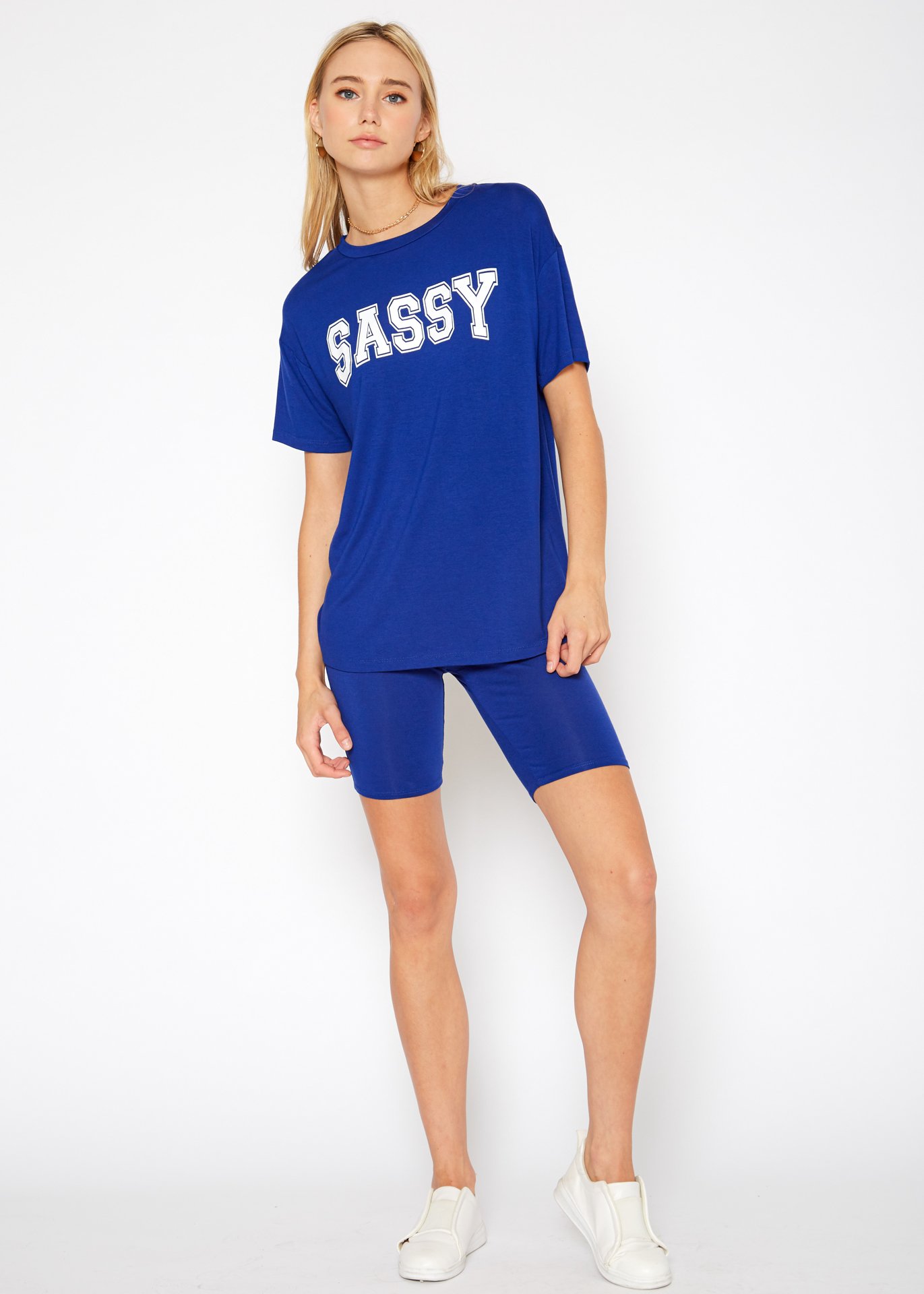 Women's Sassy Basic T-Shirt featuring a round neck, short sleeves, and a boxy fit, made from a soft rayon and spandex blend.