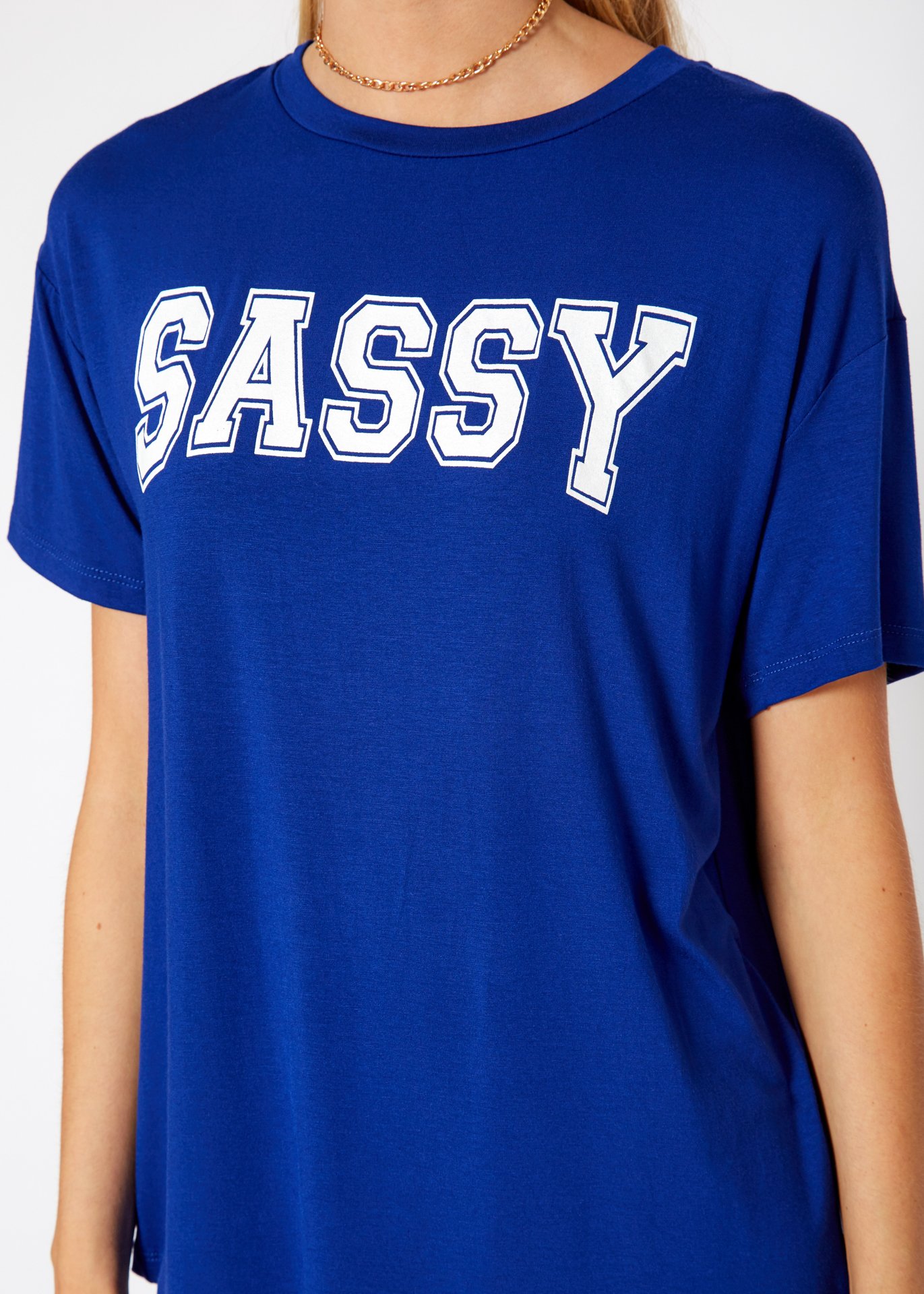 Women's Sassy Basic T-Shirt featuring a round neck, short sleeves, and a boxy fit, made from a soft rayon and spandex blend.