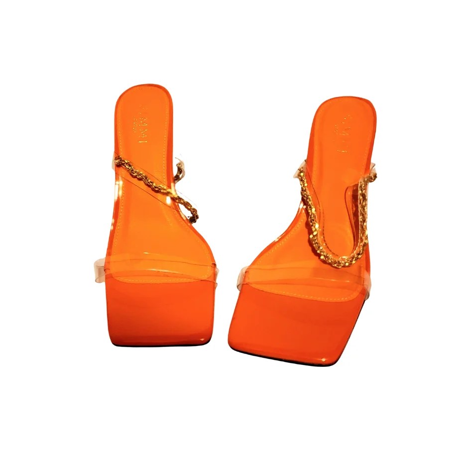 A pair of stylish Women's Sexy Backless Two-Part Straps Heels featuring a square toe and two front straps, perfect for any occasion.