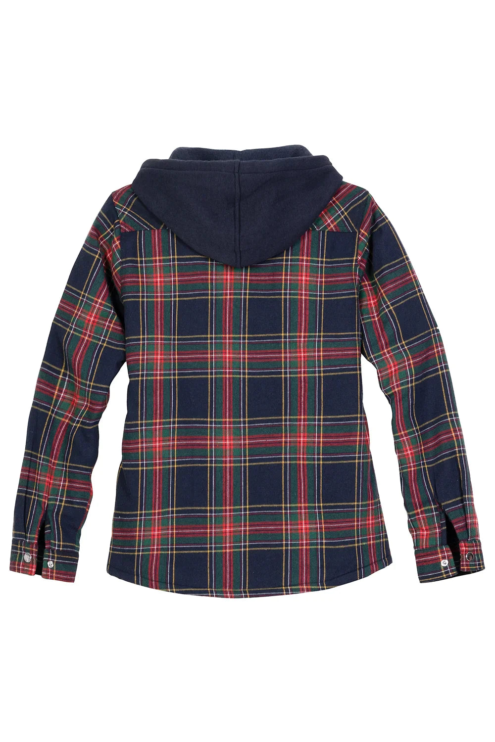 Women's Sherpa-Lined Flannel Jacket with Fleece Hood, featuring snap buttons and multiple pockets in a stylish plaid design.