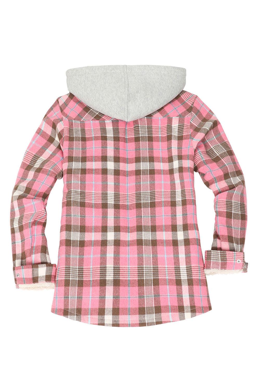 Women's Sherpa-Lined Flannel Jacket with Fleece Hood, featuring snap buttons and multiple pockets in a stylish plaid design.