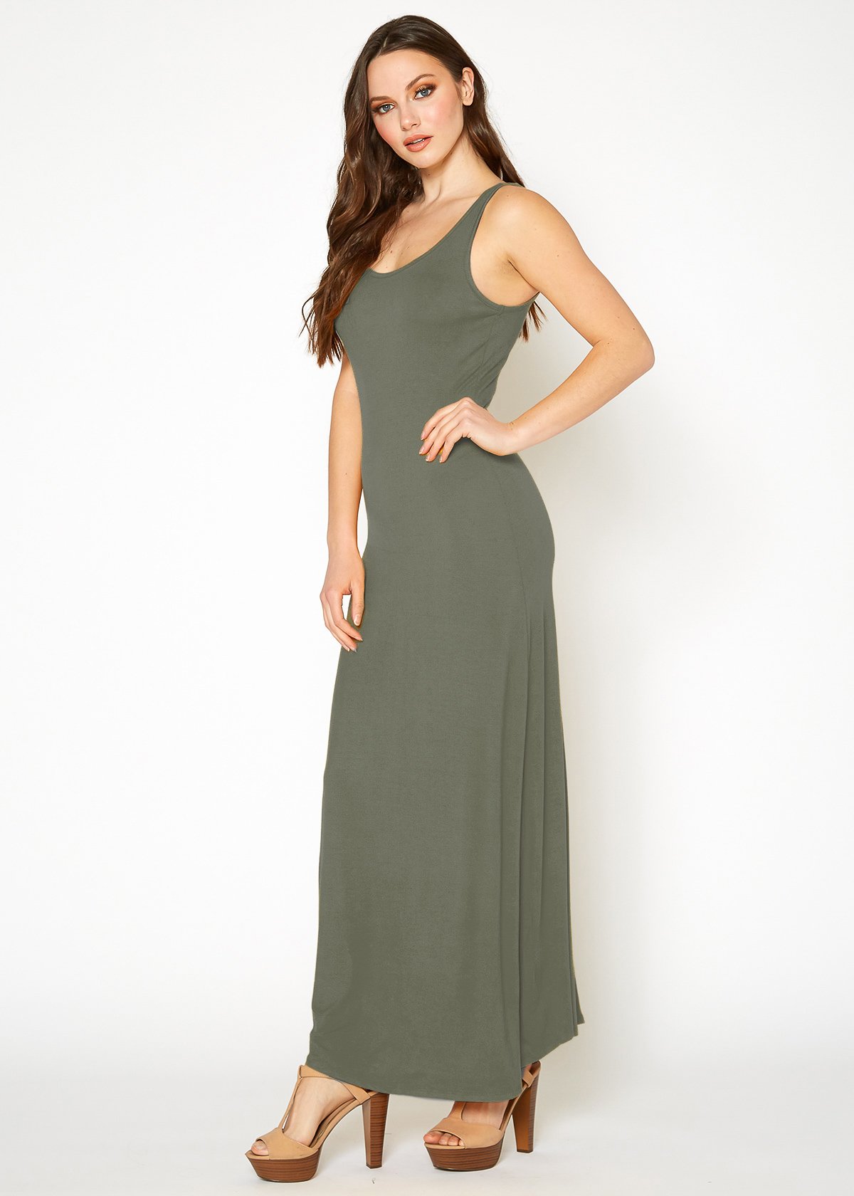 A stylish Women's Sleeveless Scoop Neck Maxi Dress in solid colors, showcasing its high stretch fabric and elegant design.