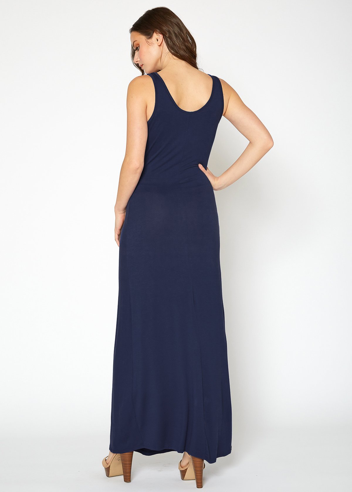 A stylish Women's Sleeveless Scoop Neck Maxi Dress in solid colors, showcasing its high stretch fabric and elegant design.