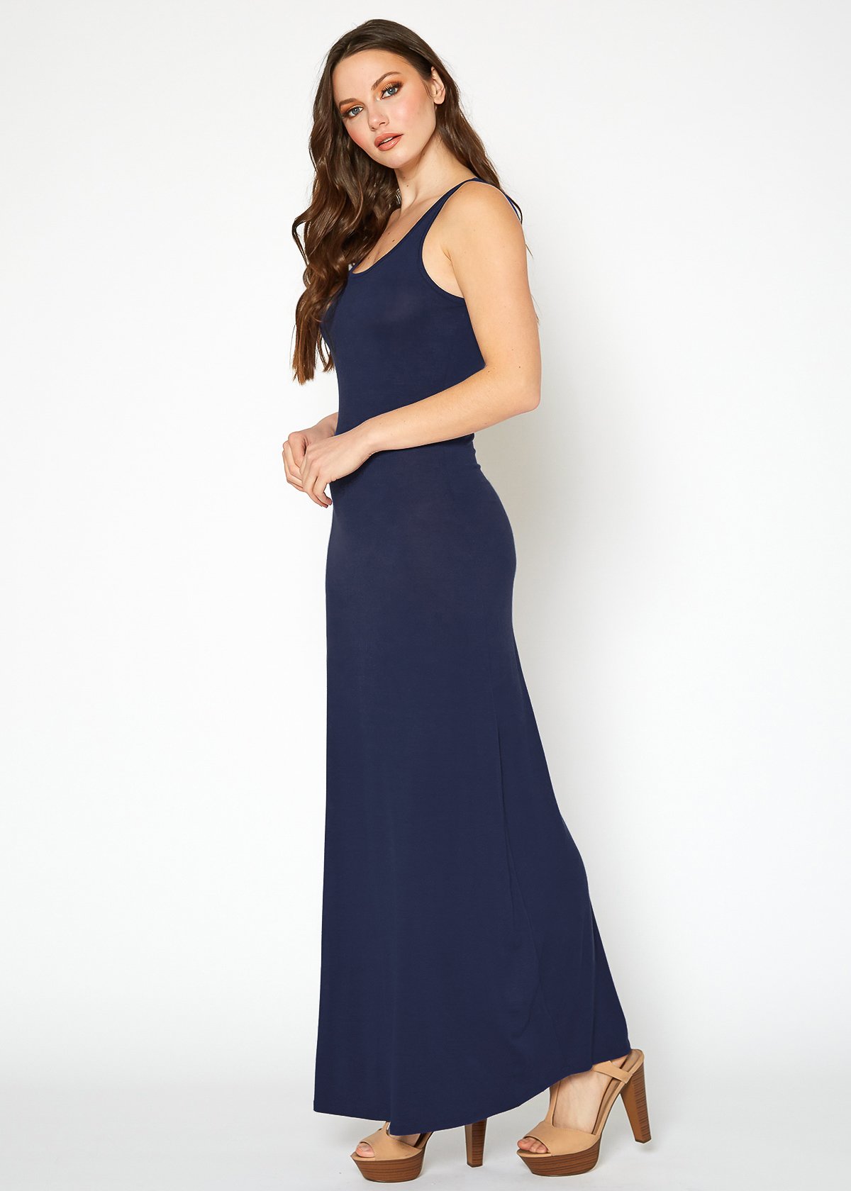 A stylish Women's Sleeveless Scoop Neck Maxi Dress in solid colors, showcasing its high stretch fabric and elegant design.