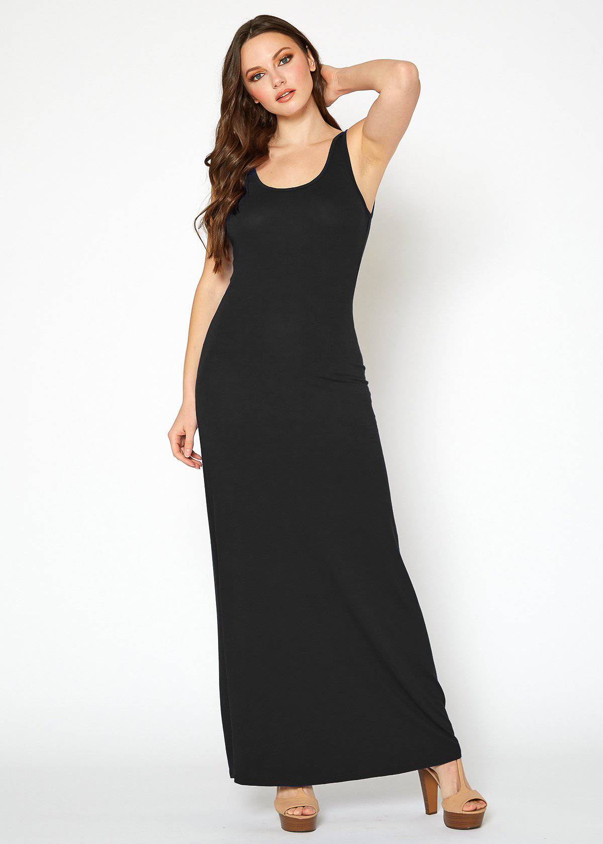 A stylish Women's Sleeveless Scoop Neck Maxi Dress in solid colors, showcasing its high stretch fabric and elegant design.