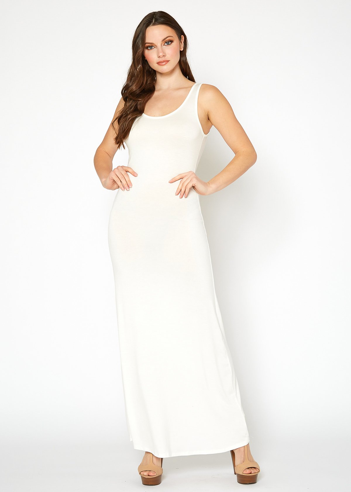 A stylish Women's Sleeveless Scoop Neck Maxi Dress in solid colors, showcasing its high stretch fabric and elegant design.