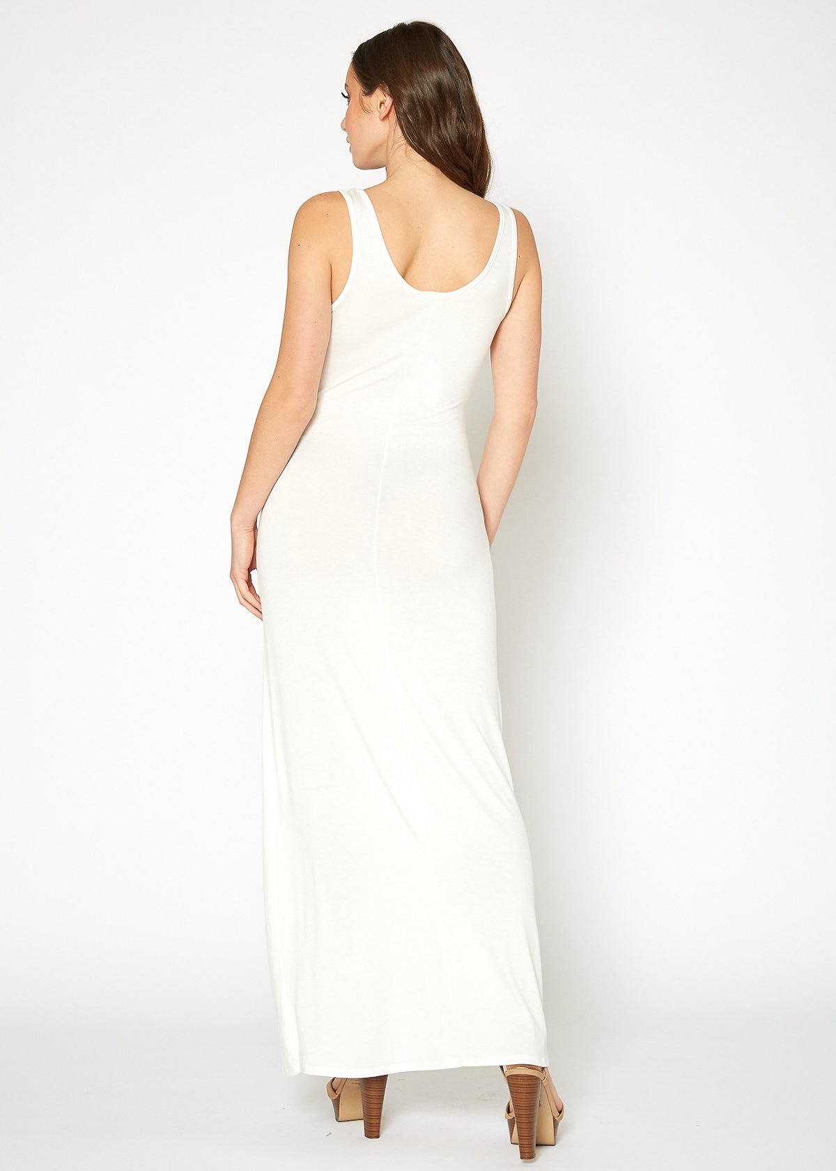 A stylish Women's Sleeveless Scoop Neck Maxi Dress in solid colors, showcasing its high stretch fabric and elegant design.