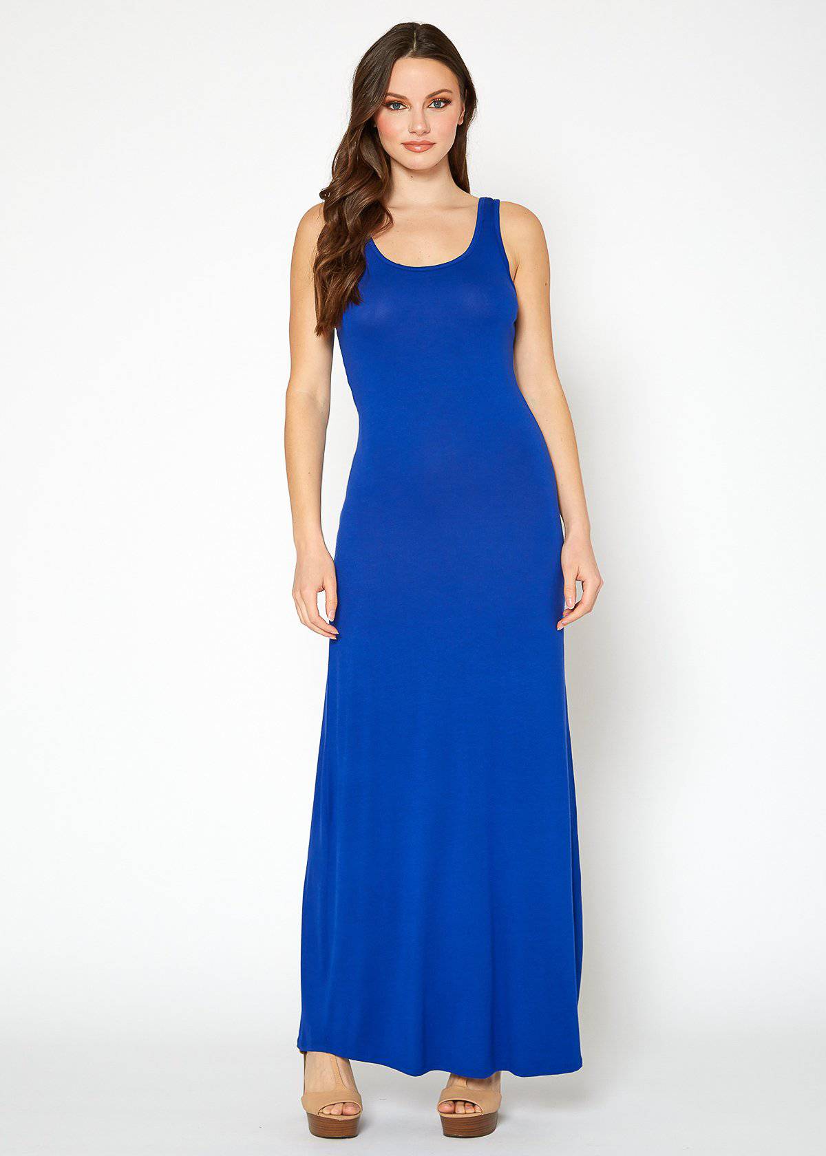 A stylish Women's Sleeveless Scoop Neck Maxi Dress in solid colors, showcasing its high stretch fabric and elegant design.