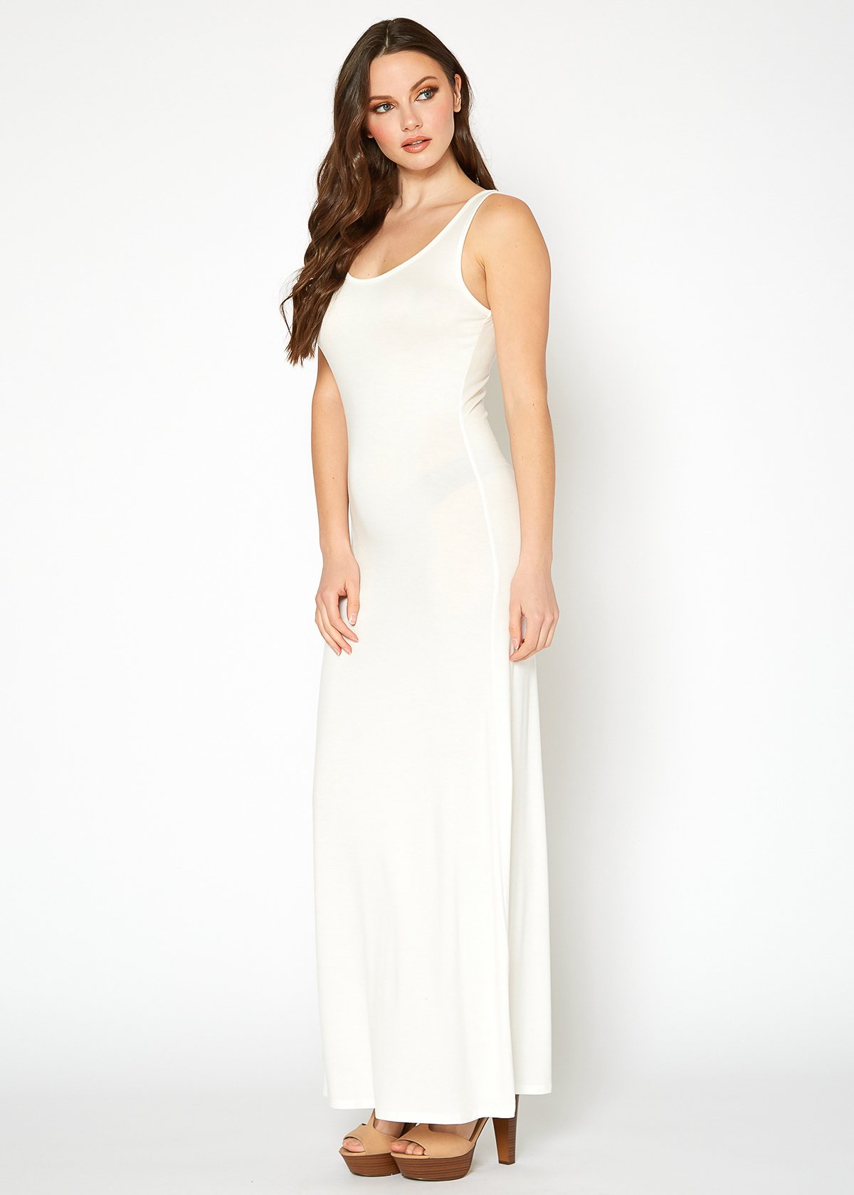 A stylish Women's Sleeveless Scoop Neck Maxi Dress in solid colors, showcasing its high stretch fabric and elegant design.