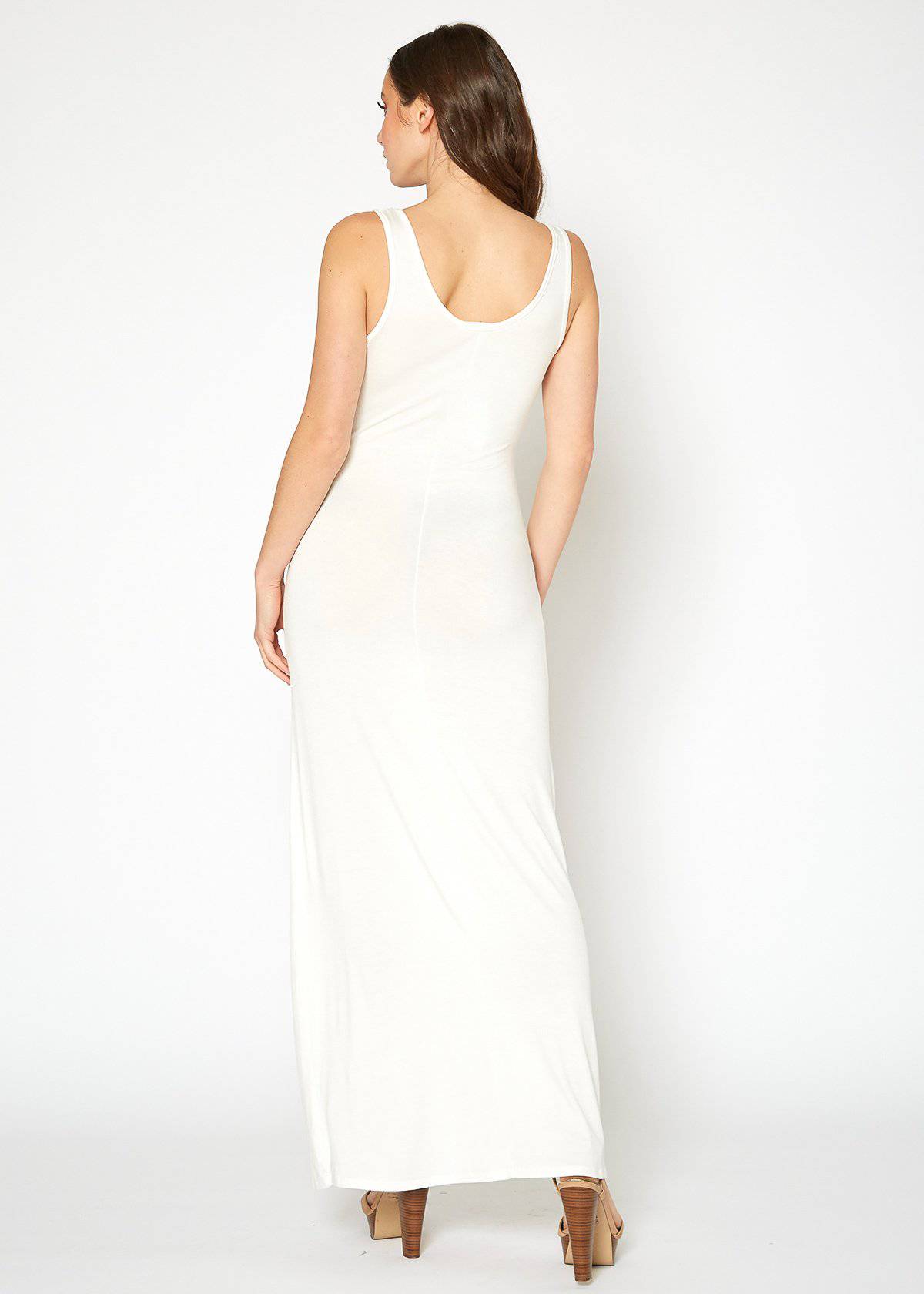 A stylish Women's Sleeveless Scoop Neck Maxi Dress in solid colors, showcasing its high stretch fabric and elegant design.