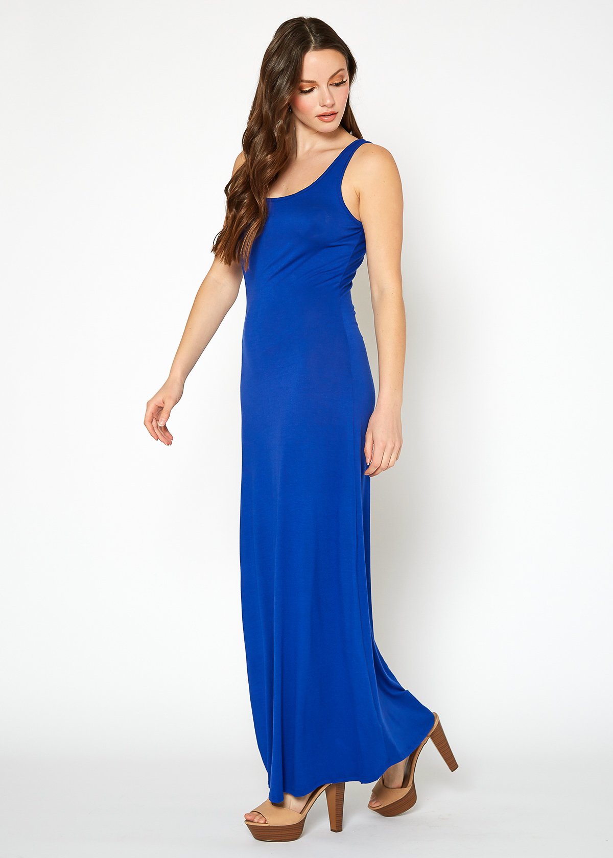 A stylish Women's Sleeveless Scoop Neck Maxi Dress in solid colors, showcasing its high stretch fabric and elegant design.