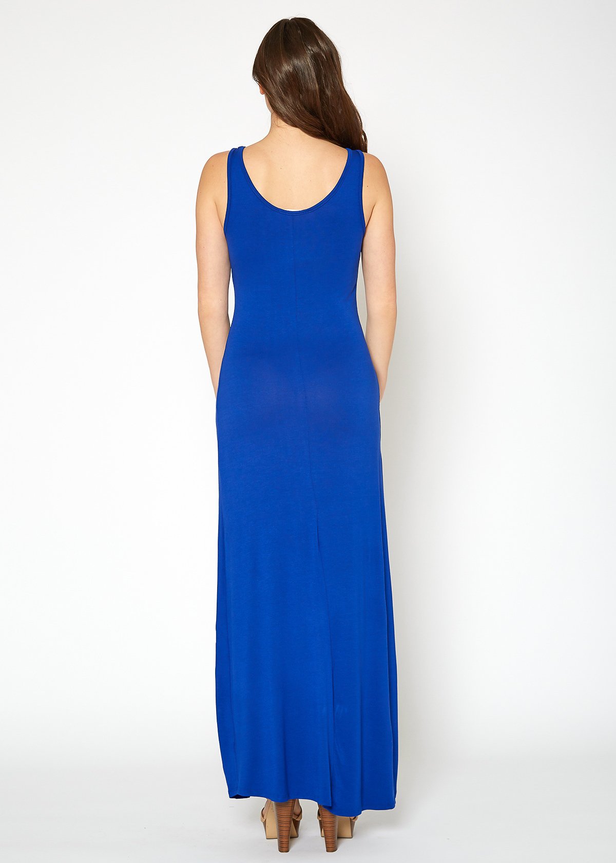 A stylish Women's Sleeveless Scoop Neck Maxi Dress in solid colors, showcasing its high stretch fabric and elegant design.