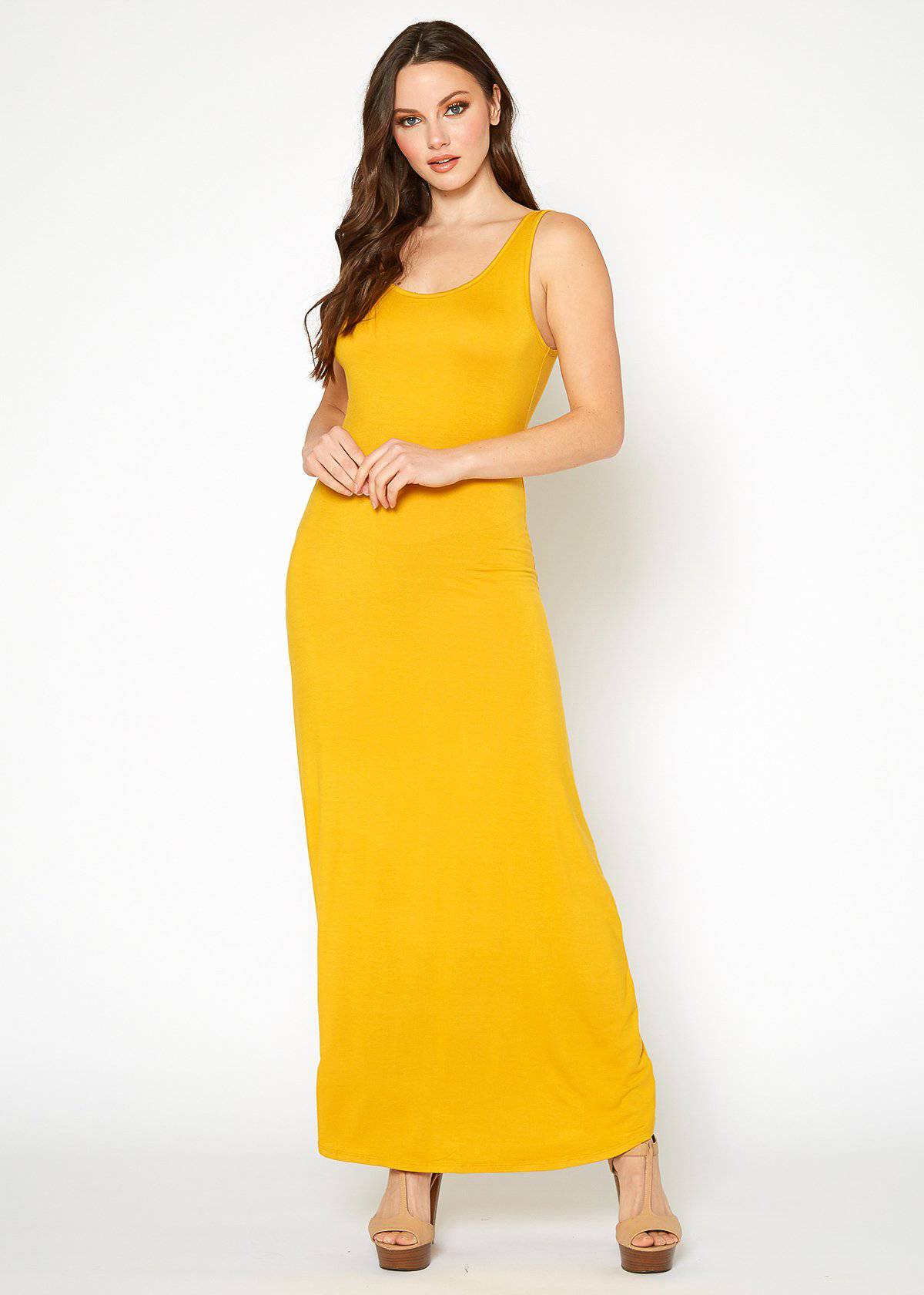 A stylish Women's Sleeveless Scoop Neck Maxi Dress in solid colors, showcasing its high stretch fabric and elegant design.