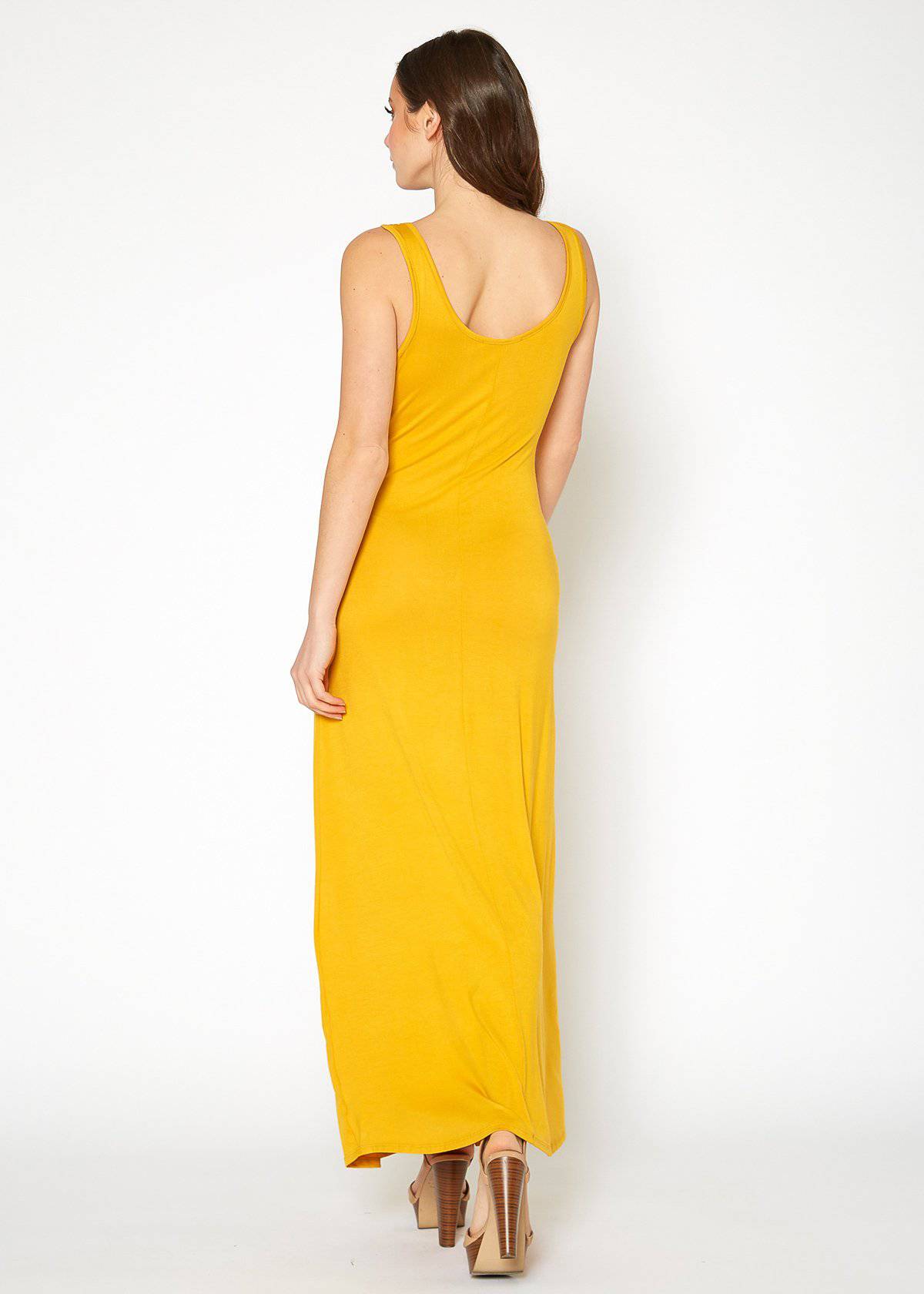 A stylish Women's Sleeveless Scoop Neck Maxi Dress in solid colors, showcasing its high stretch fabric and elegant design.