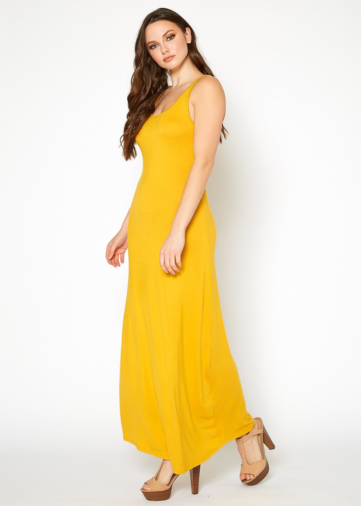 A stylish Women's Sleeveless Scoop Neck Maxi Dress in solid colors, showcasing its high stretch fabric and elegant design.