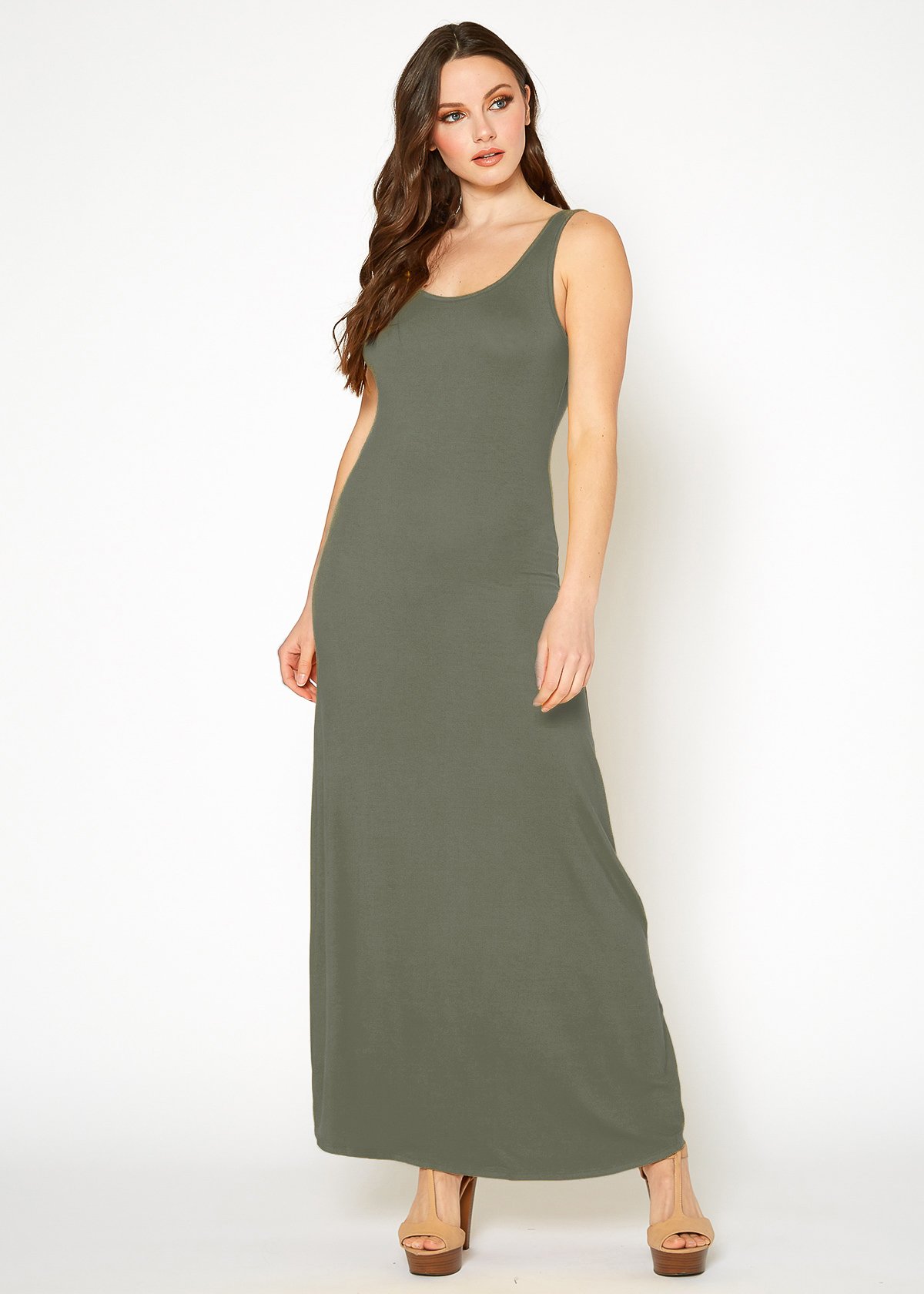 A stylish Women's Sleeveless Scoop Neck Maxi Dress in solid colors, showcasing its high stretch fabric and elegant design.