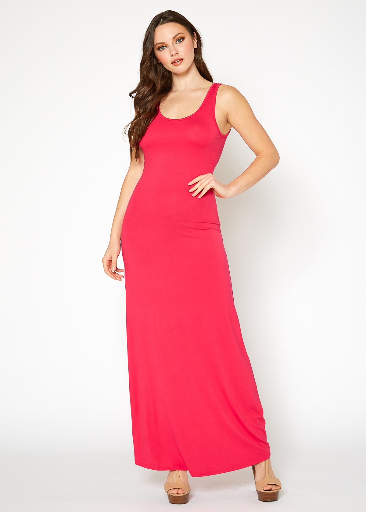 A stylish Women's Sleeveless Scoop Neck Maxi Dress in solid colors, showcasing its high stretch fabric and elegant design.