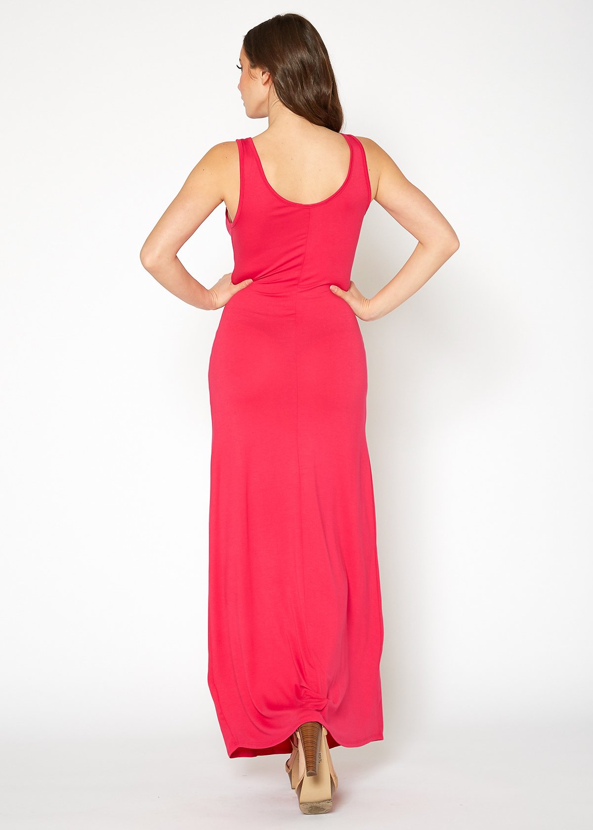 A stylish Women's Sleeveless Scoop Neck Maxi Dress in solid colors, showcasing its high stretch fabric and elegant design.