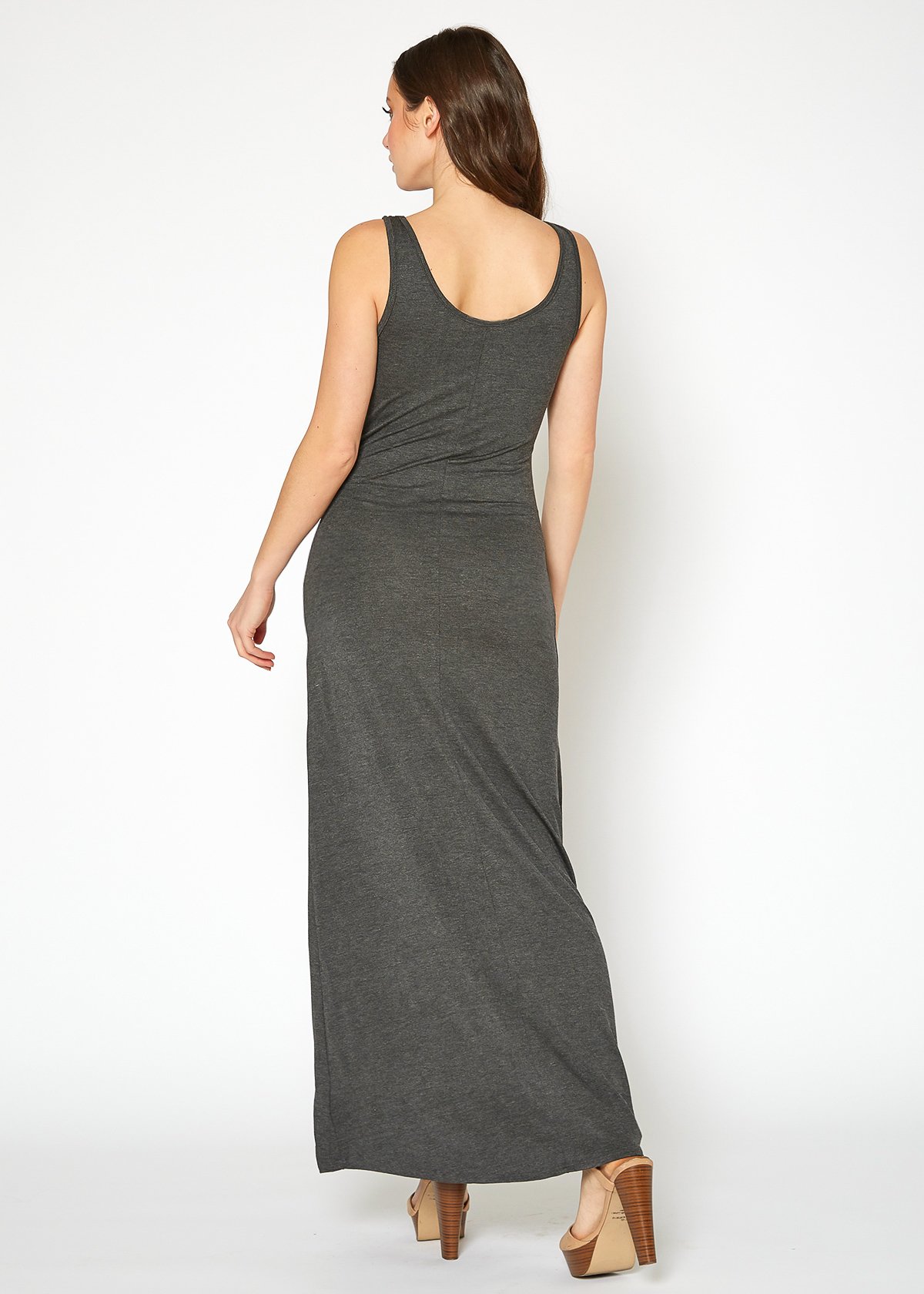 A stylish Women's Sleeveless Scoop Neck Maxi Dress in solid colors, showcasing its high stretch fabric and elegant design.