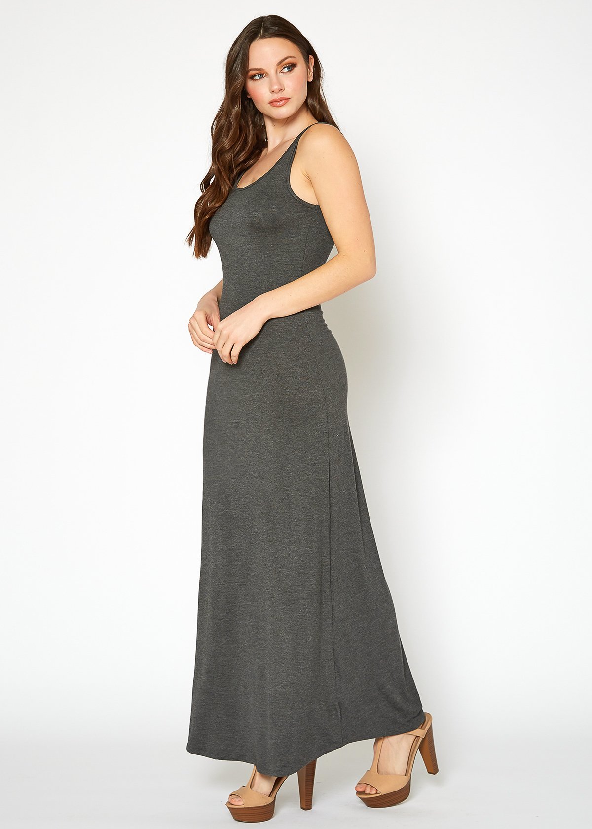 A stylish Women's Sleeveless Scoop Neck Maxi Dress in solid colors, showcasing its high stretch fabric and elegant design.