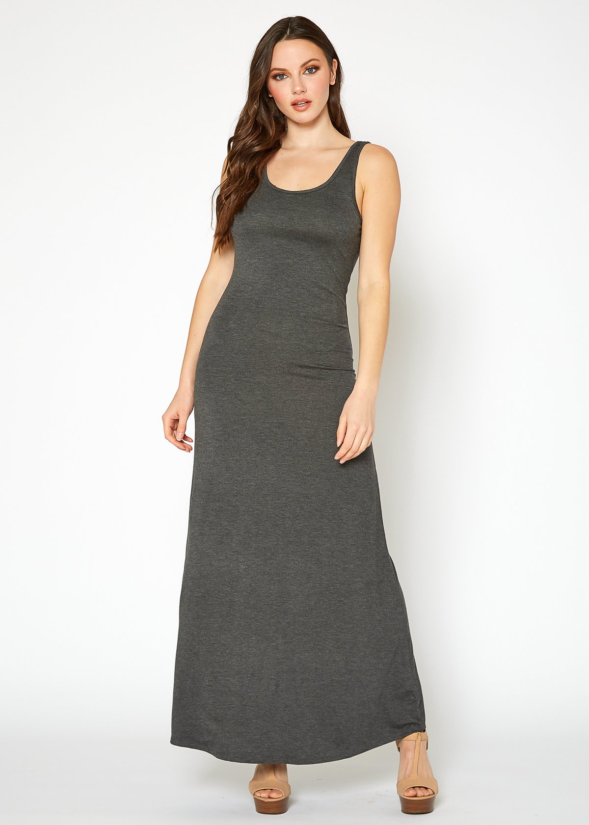 A stylish Women's Sleeveless Scoop Neck Maxi Dress in solid colors, showcasing its high stretch fabric and elegant design.