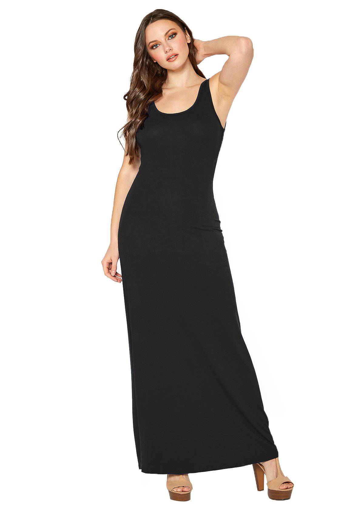 A stylish Women's Sleeveless Scoop Neck Maxi Dress in solid colors, showcasing its high stretch fabric and elegant design.