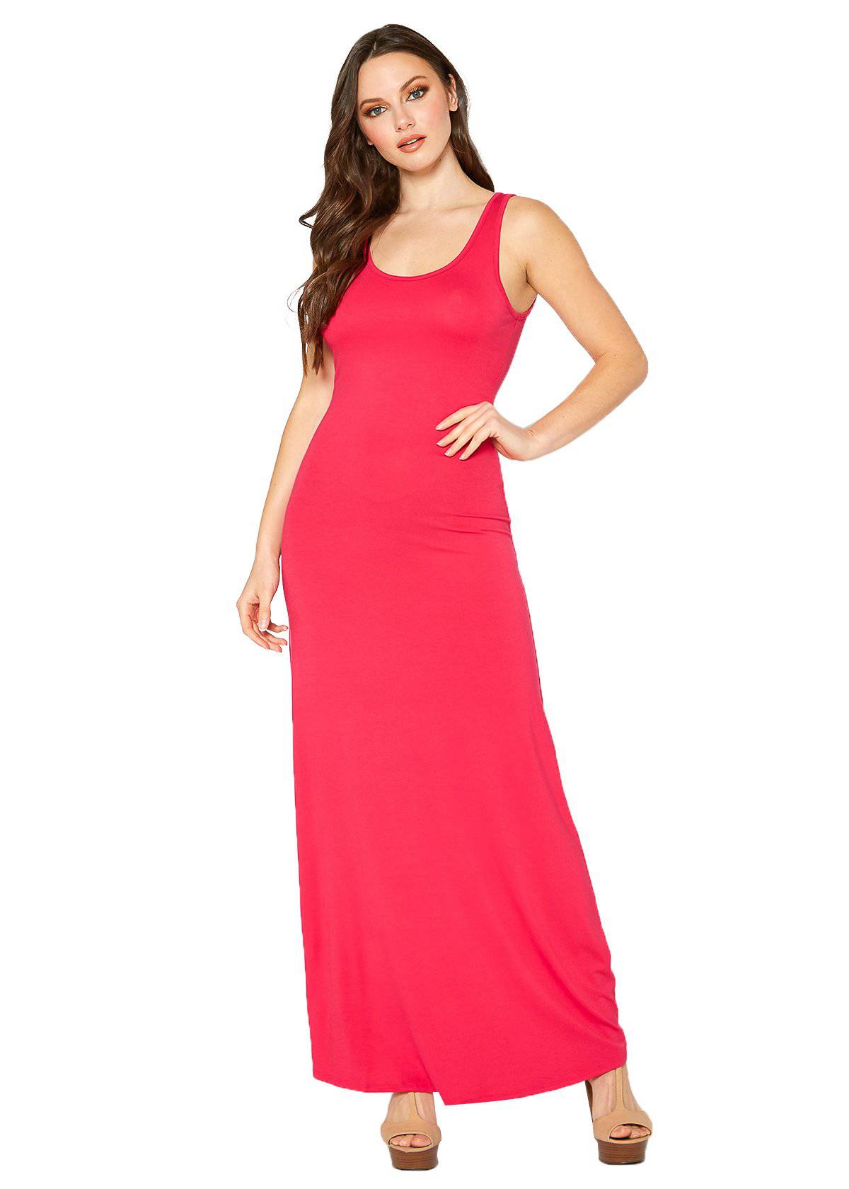 A stylish Women's Sleeveless Scoop Neck Maxi Dress in solid colors, showcasing its high stretch fabric and elegant design.