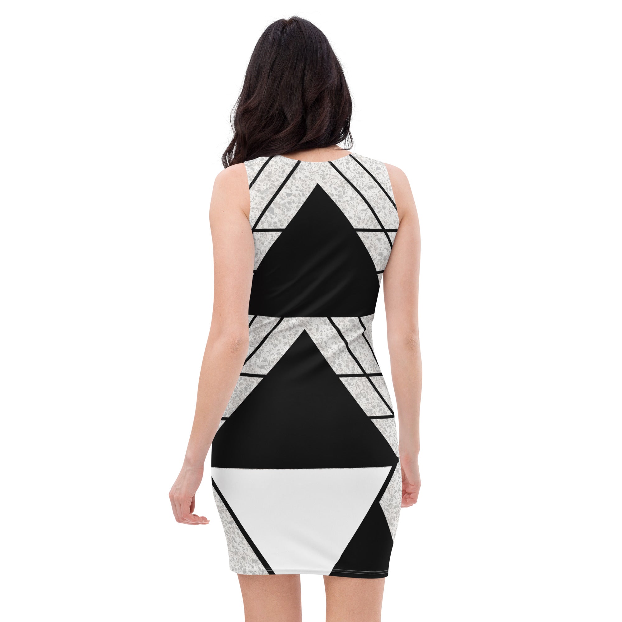 Women's Stretch Fit Bodycon Dress in Black and White Ash Grey Triangular Colorblock, showcasing a figure-hugging silhouette and sleeveless design.