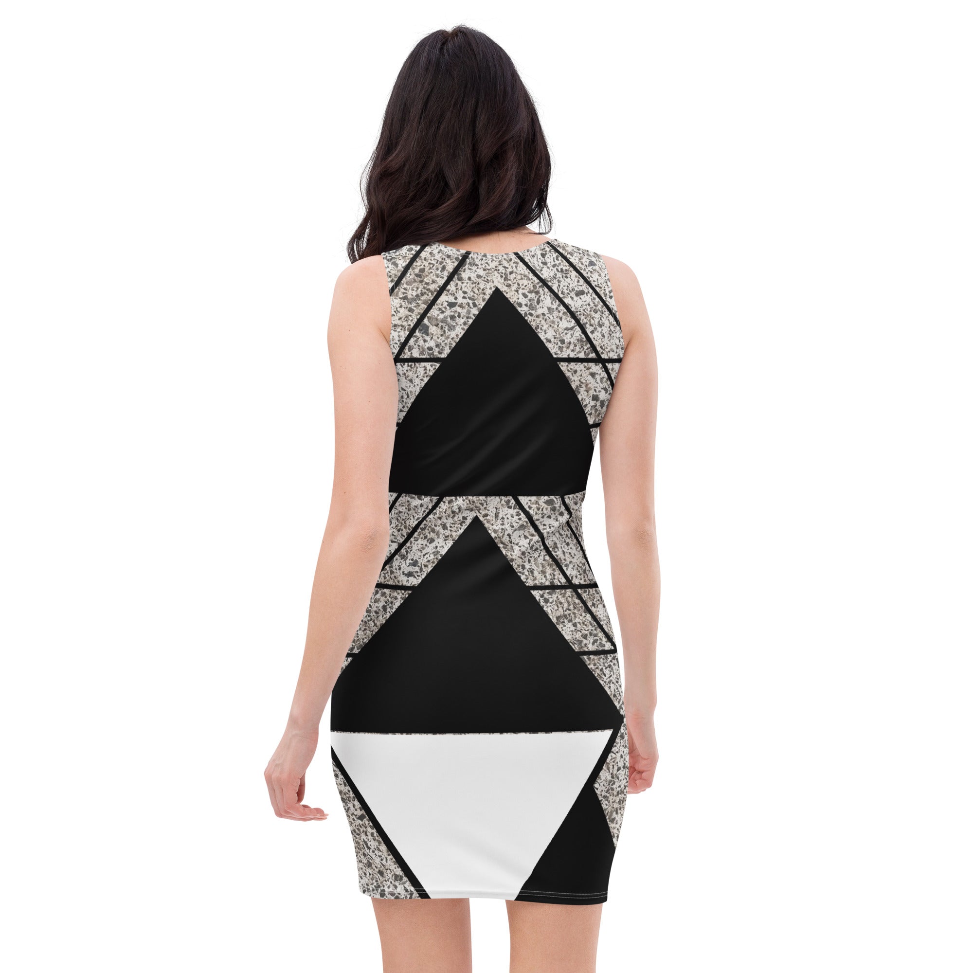 Women's Stretch Fit Bodycon Dress in Black and White Triangular colorblock, showcasing a figure-hugging silhouette and sleeveless design.