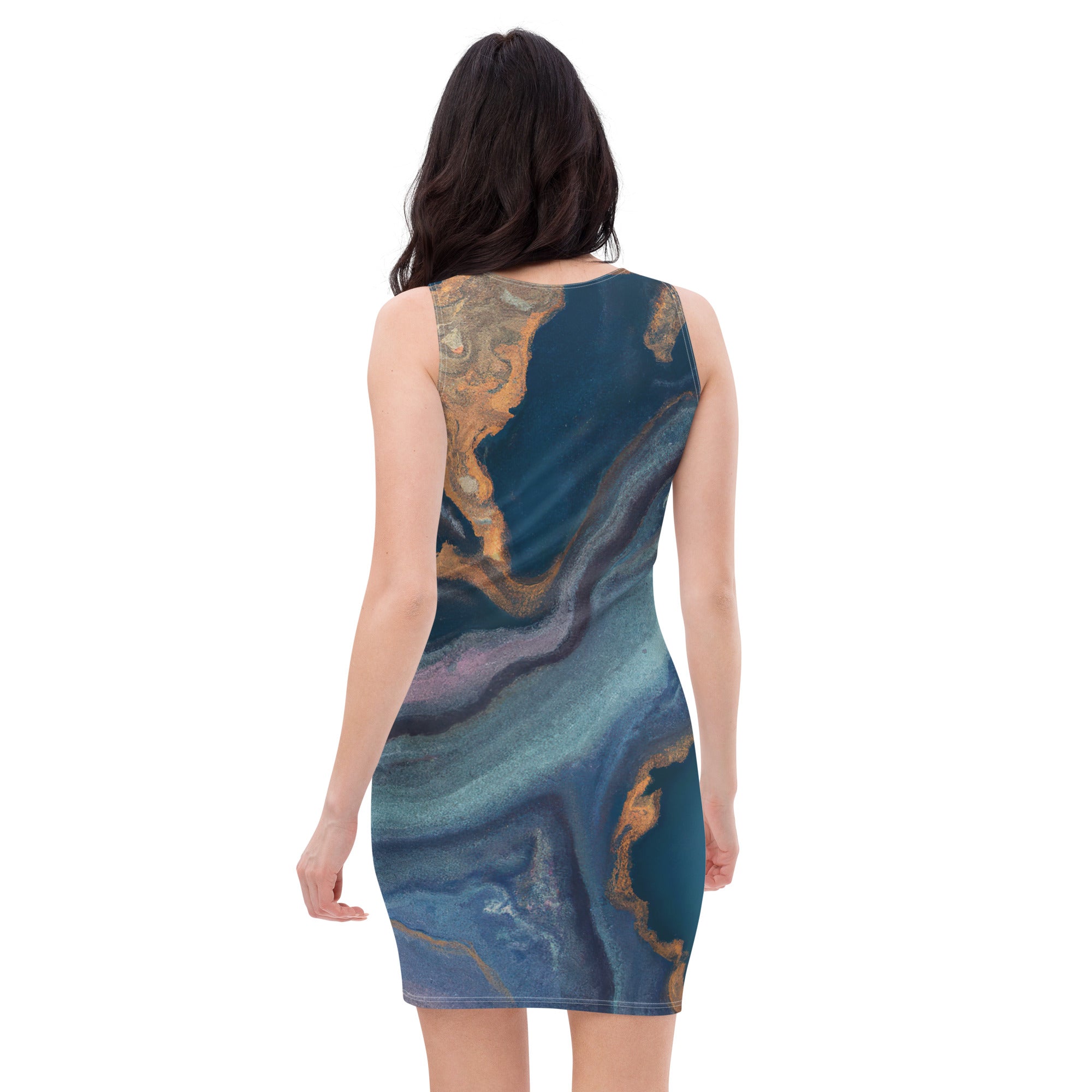 Women's stretch fit bodycon dress featuring a blue pink marble swirl print, showcasing a figure-hugging silhouette and sleeveless design.