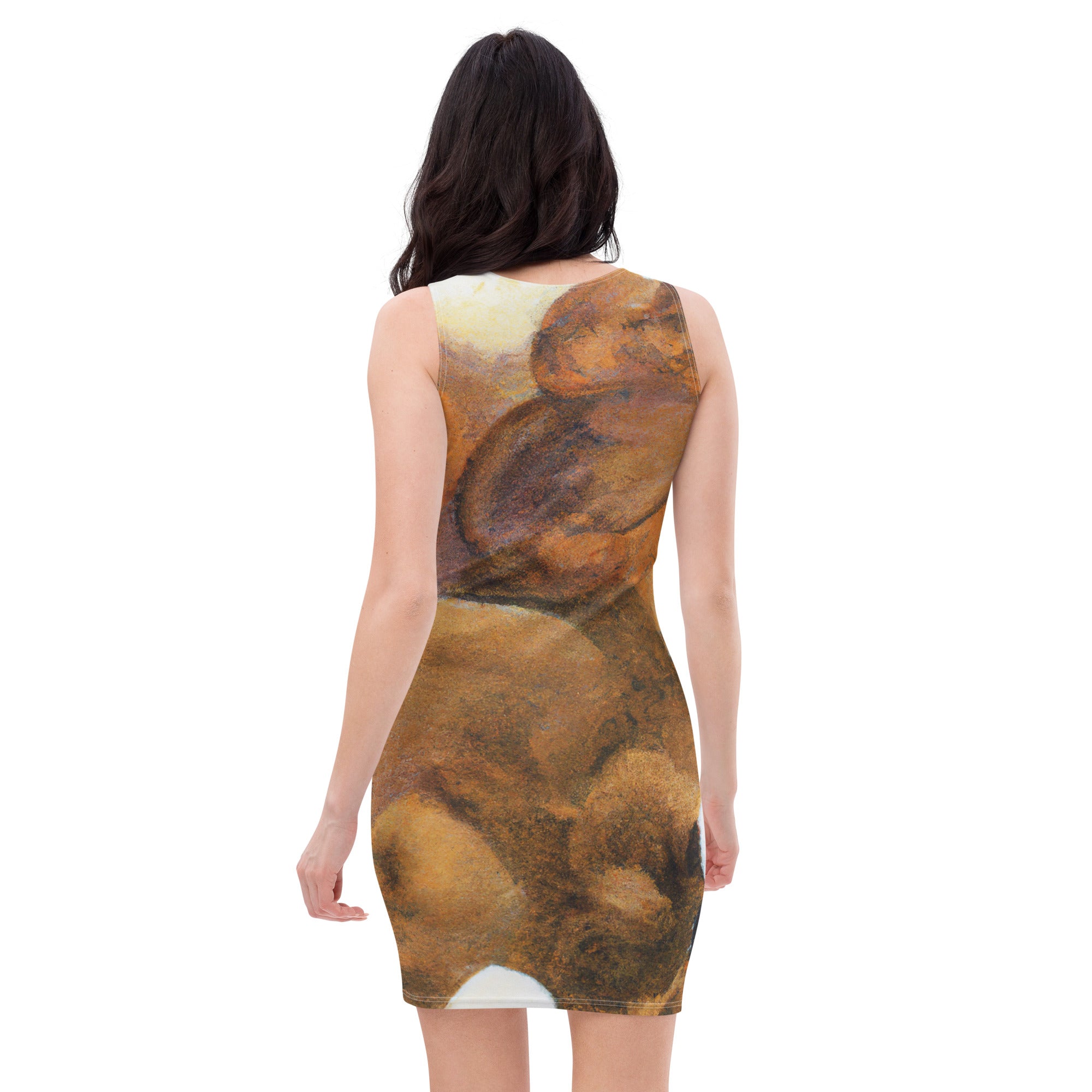 A stylish women's stretch fit bodycon dress featuring a brown and white stone pattern, designed to accentuate curves and provide comfort.