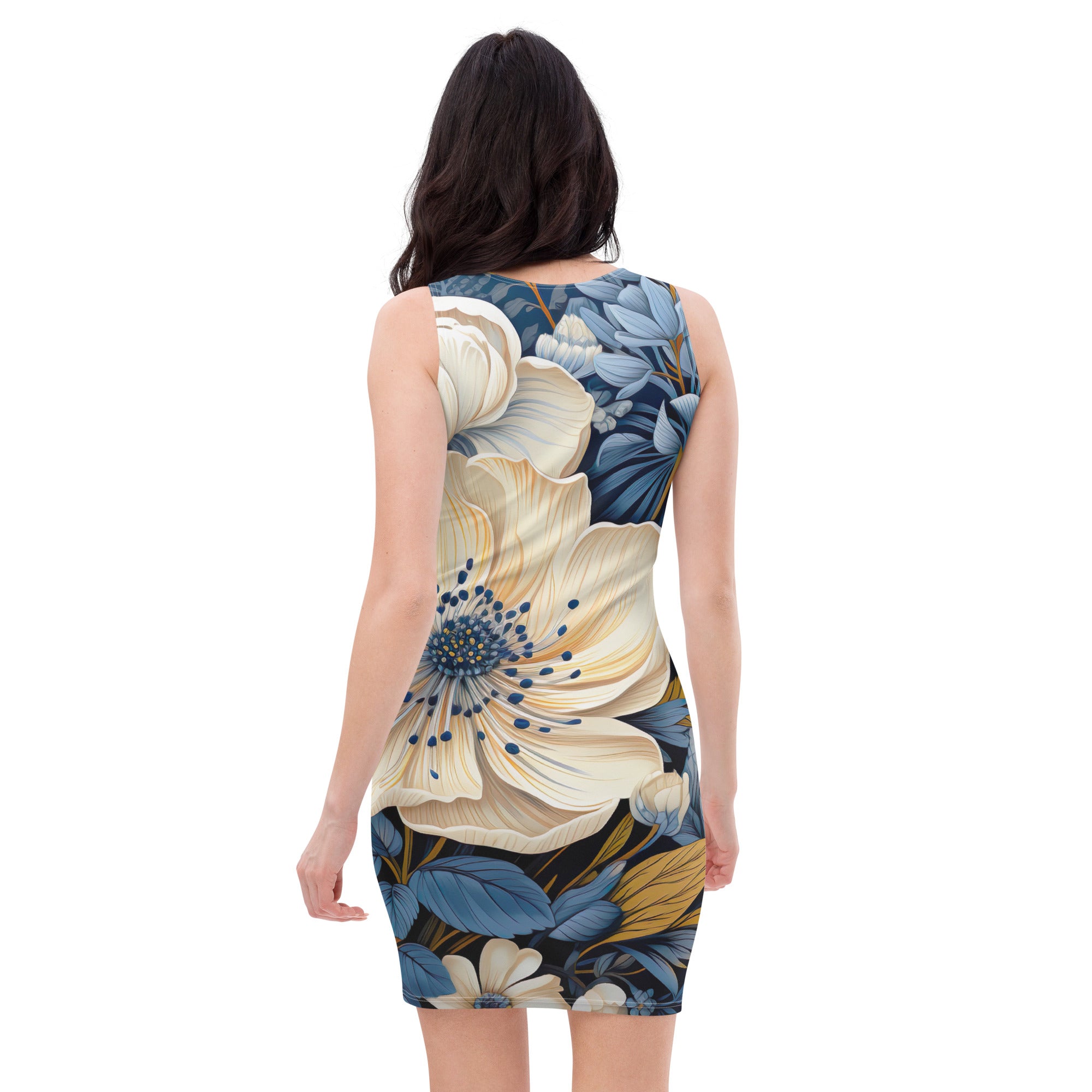 A stylish women's stretch fit bodycon dress featuring a vibrant floral blue print, designed to accentuate curves and provide comfort.